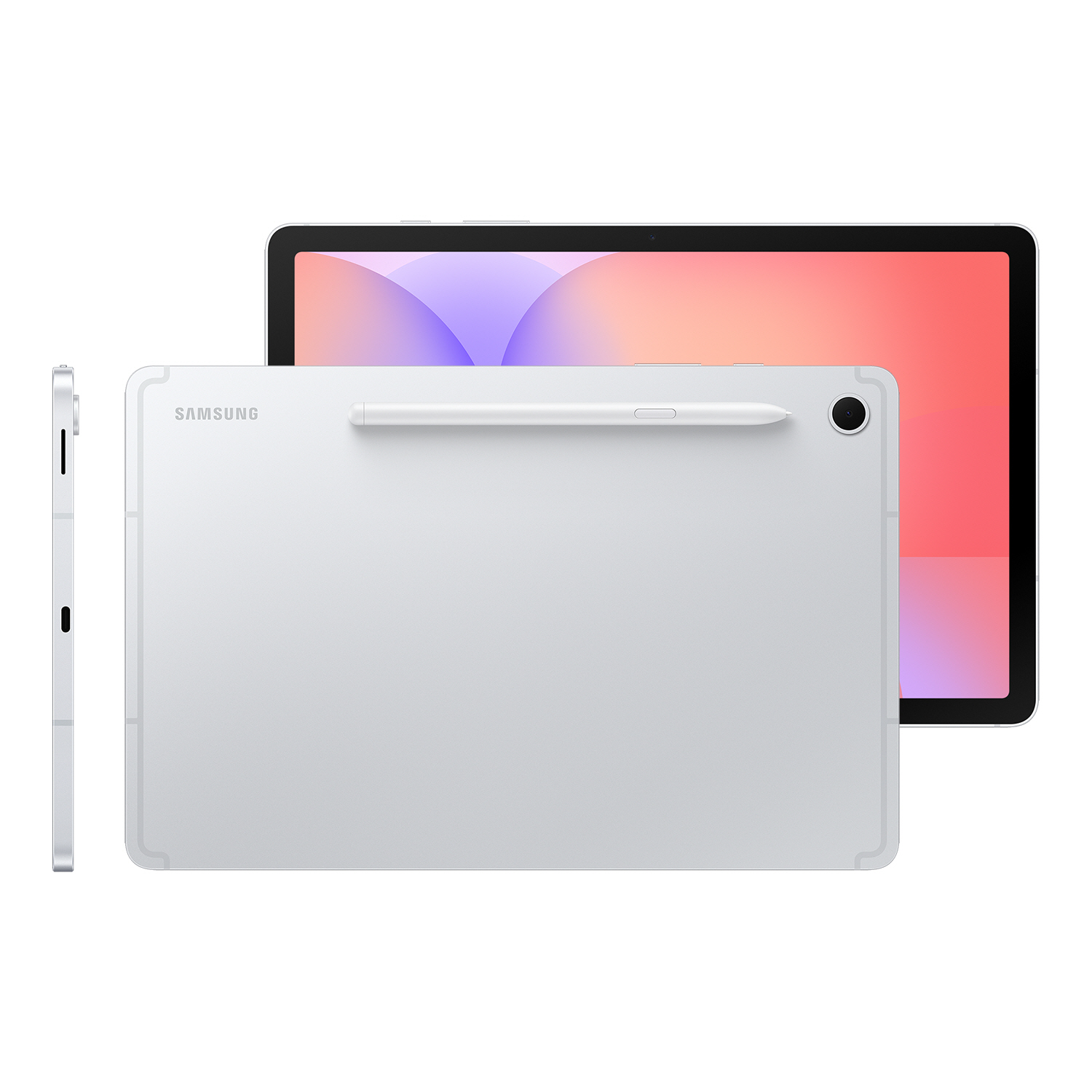 Gümüş renkli Samsung tablet ve kalemi önden ve yandan gösteriliyor.