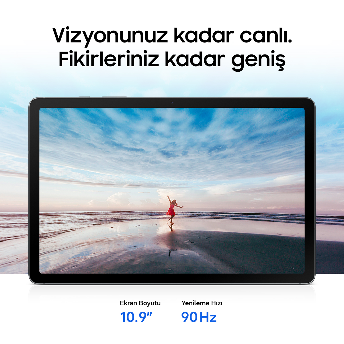 Tablet, gökyüzüne bakan bir kızın plajdaki görüntüsünü gösteriyor. Ekran: 10,9", 90Hz.