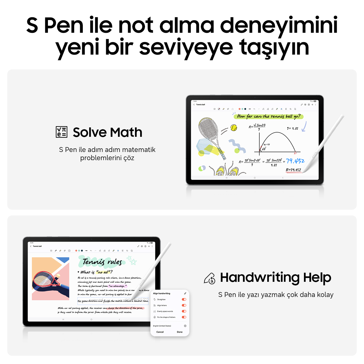 S Pen'li tablet matematik problemi ve tenis kuralları gösteriyor. Diğer görünüm yazı yazma yardım seçeneklerini gösterir.