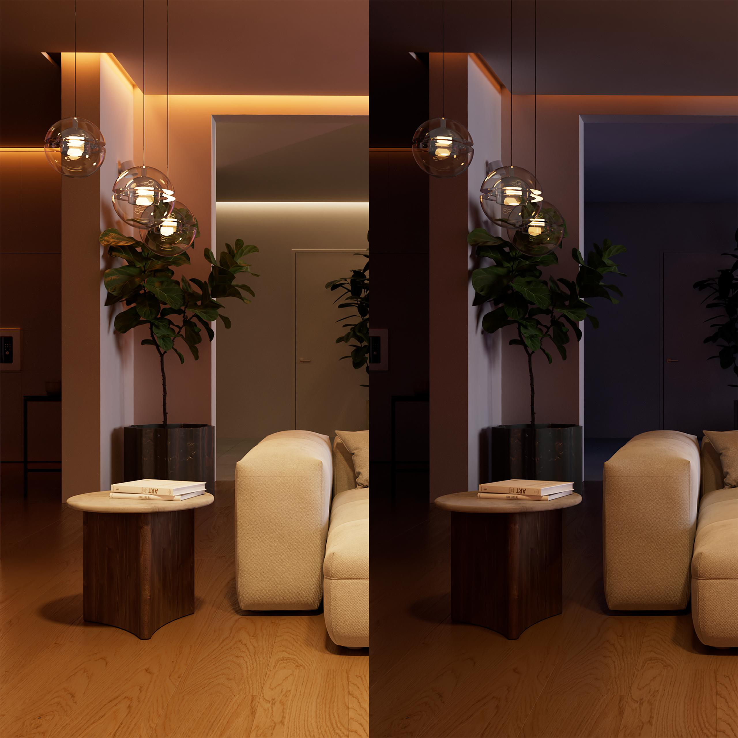 Ein geteiltes Bild zeigt eine Wohnzimmer-Ecke bei Tag und Nacht. Mit Sofa, Tisch, Pflanze.