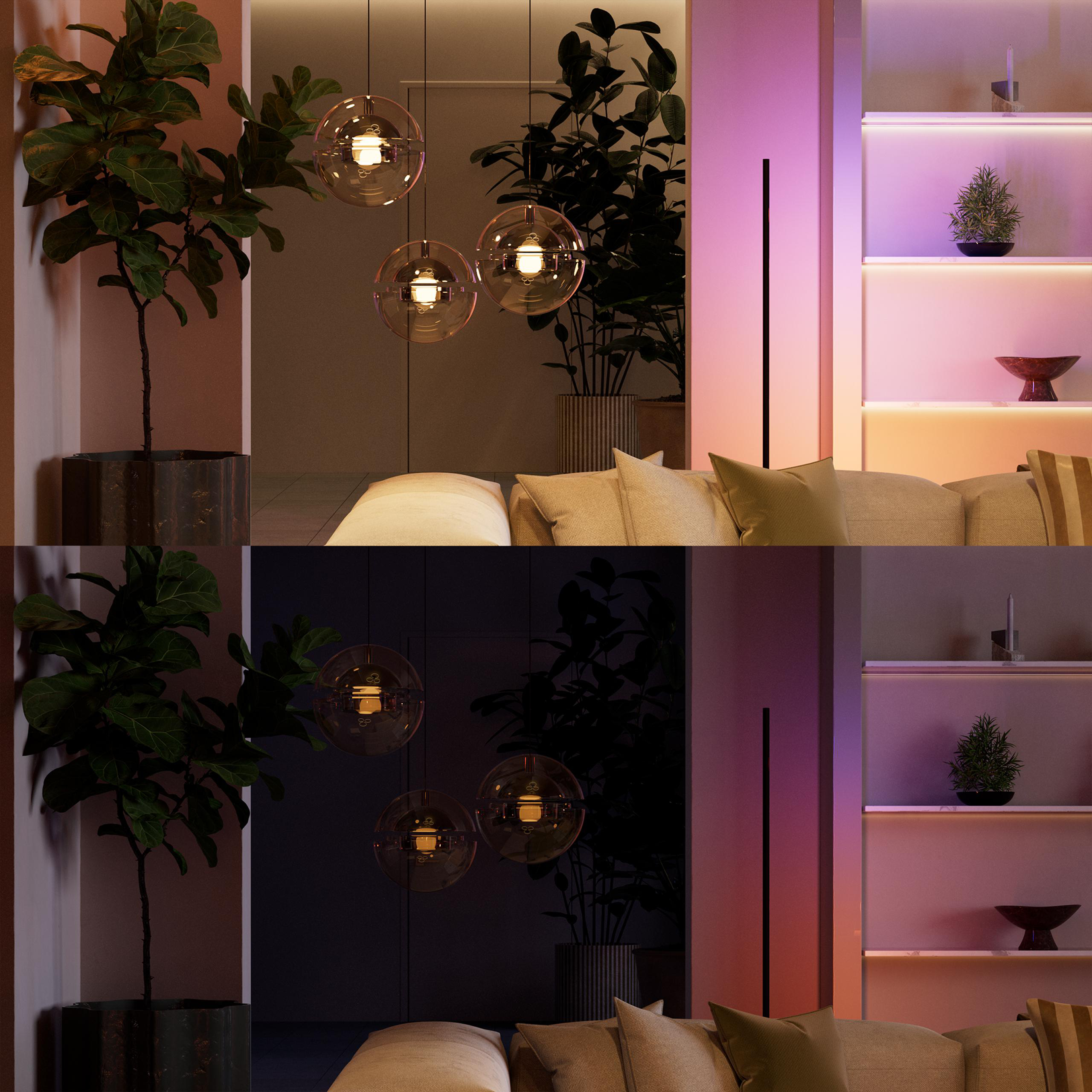 Ein modernes Wohnzimmer mit Pflanzen, Lampen und einem Sofa.