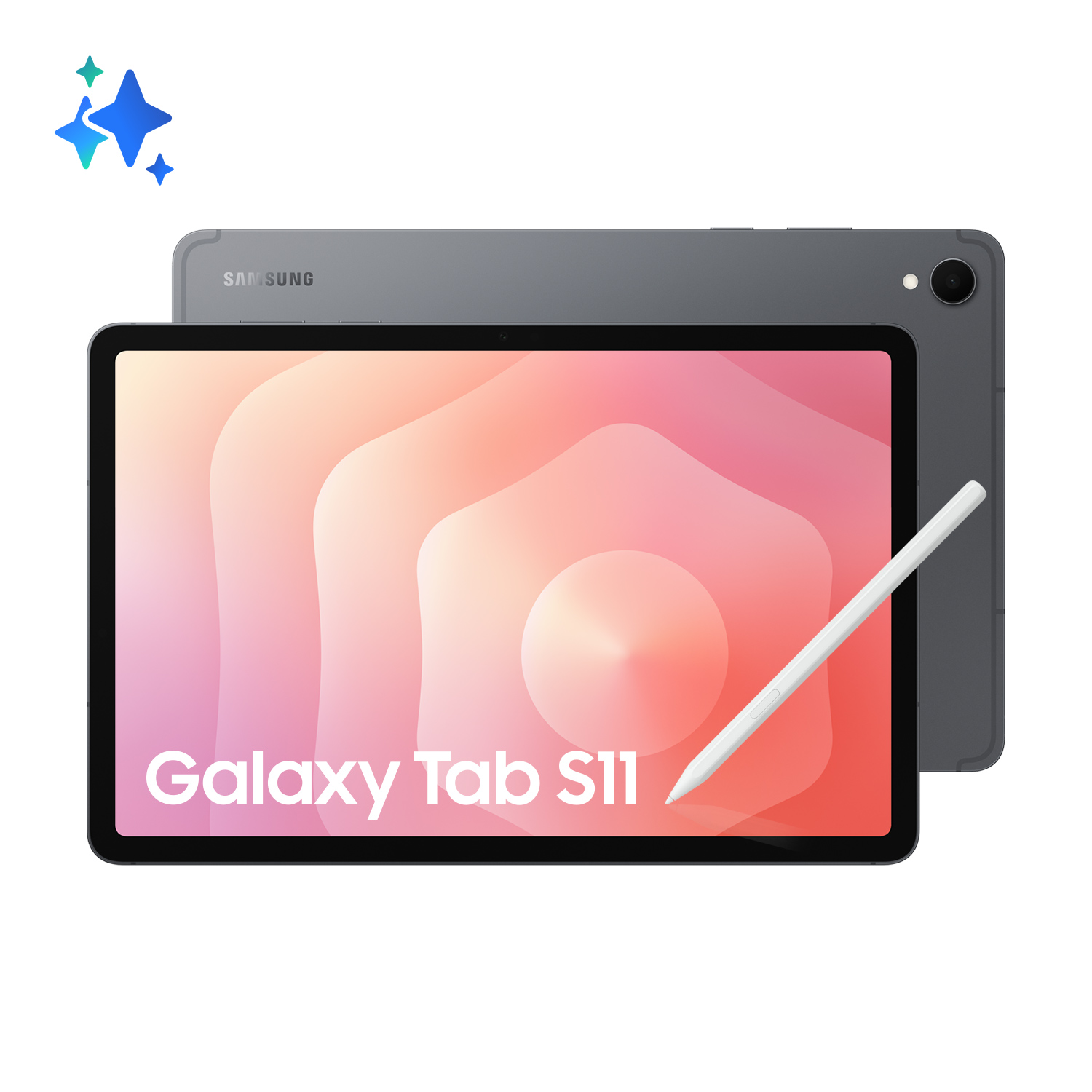 Gri Samsung Galaxy Tab S11, S Pen ve soyut pembe duvar kağıdı.