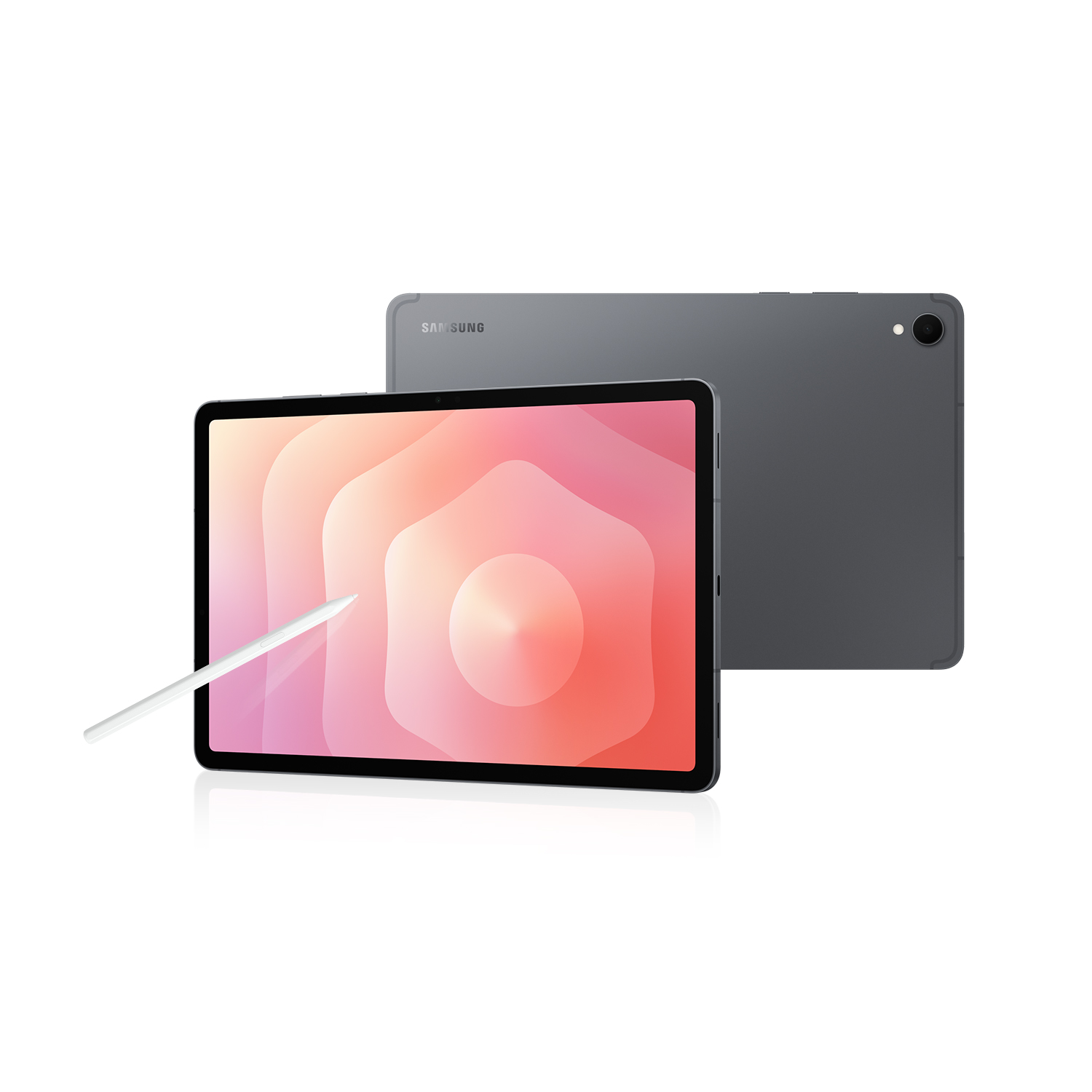 Ekranında kalem bulunan gri Samsung tablet. Arkası görünür.