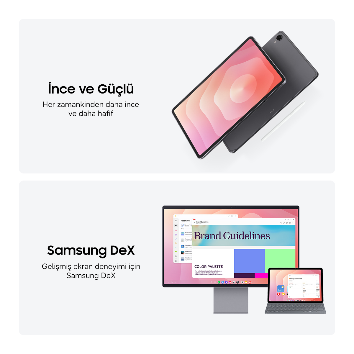 Soyut renkli sanatla şık bir tablet ve Samsung DeX ile masaüstü kurulumu.
