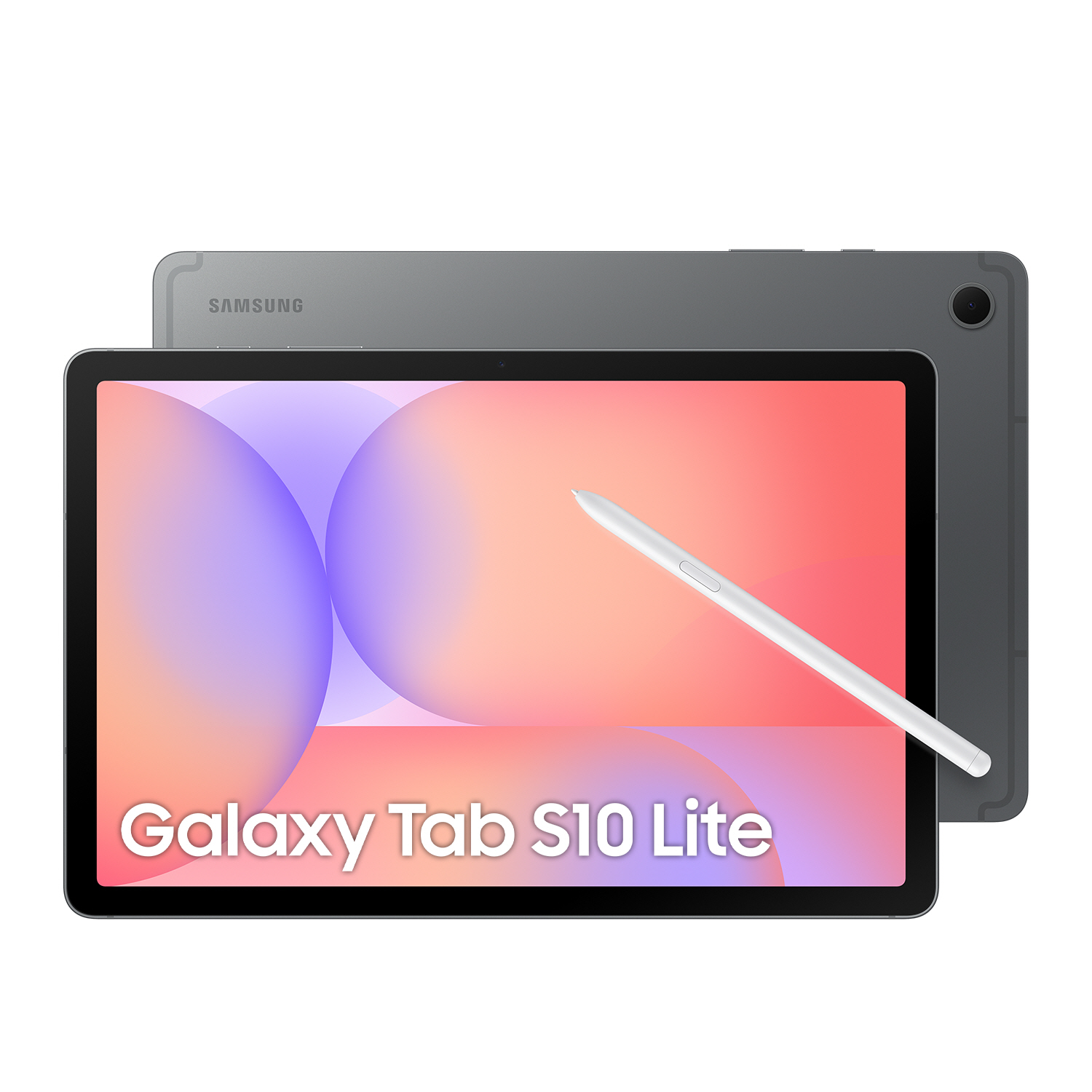 Ekranında beyaz kalem bulunan gri Samsung Galaxy Tab S10 Lite.