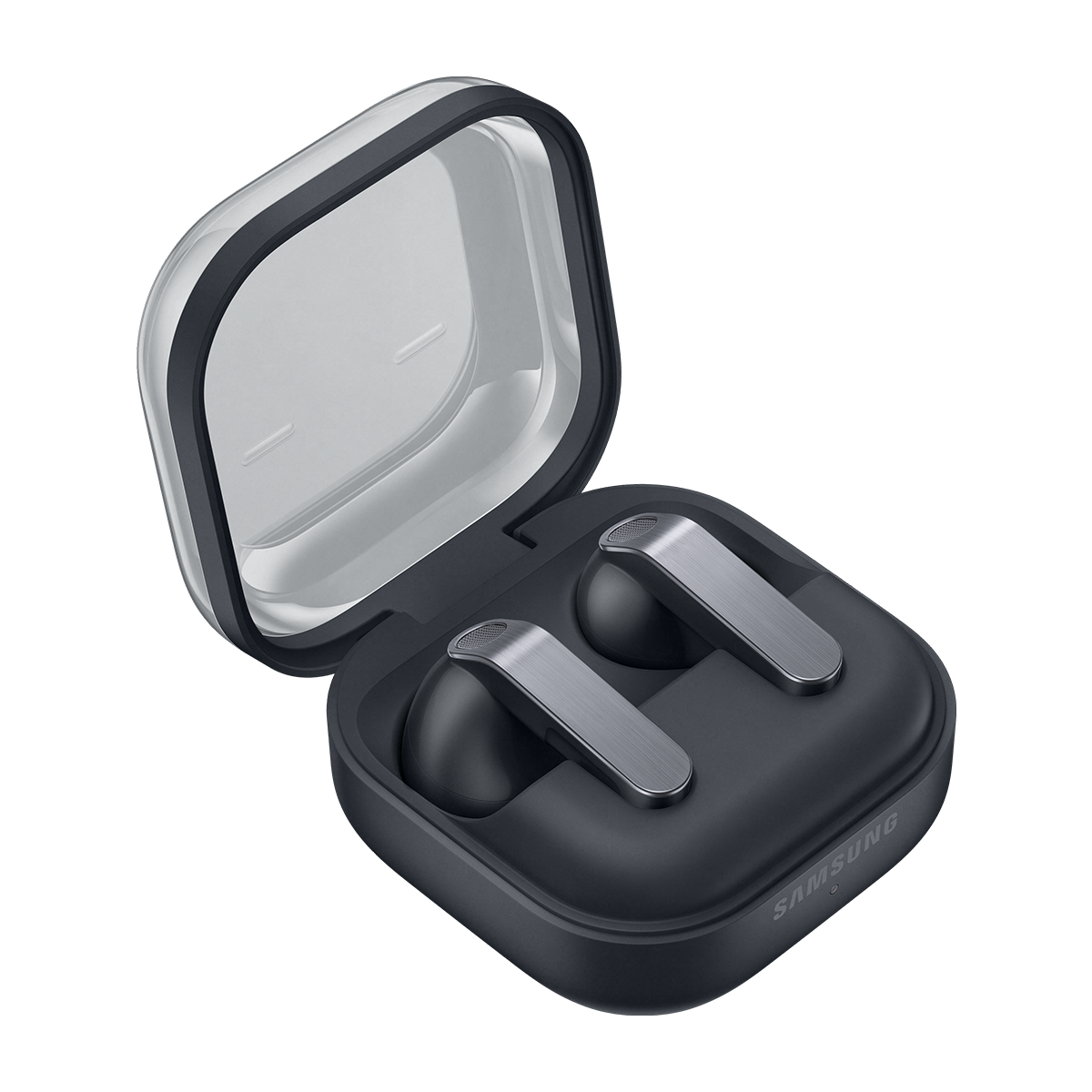 İçinde iki gümüş kulaklık bulunan açık koyu gri Samsung kulaklık kılıfı.