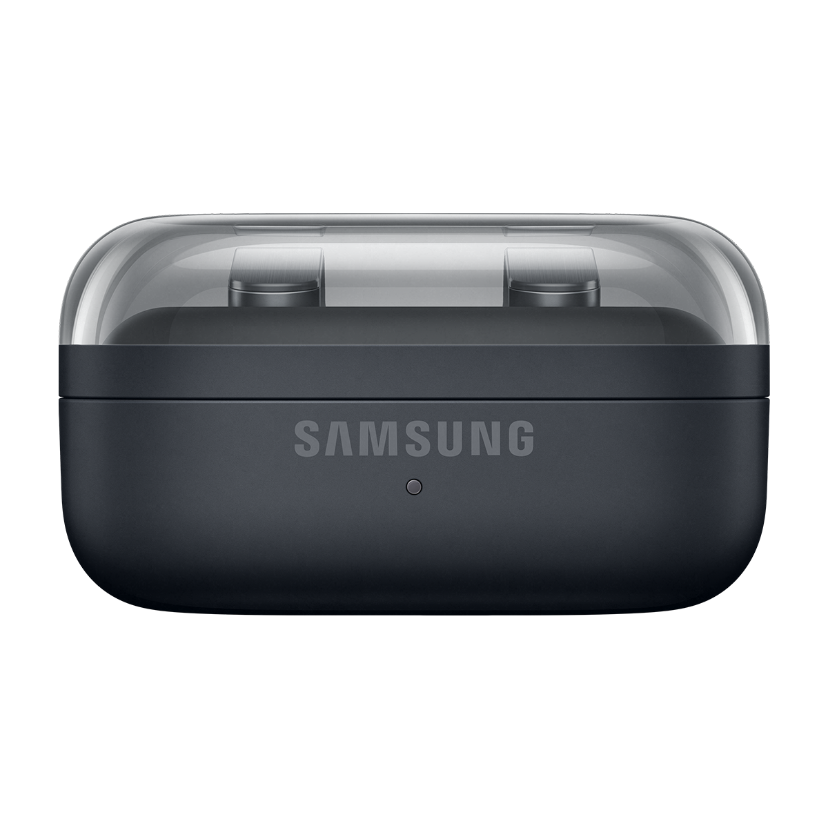Şeffaf kapaklı, koyu gri Samsung şarj kutusu ve içinde iki kulaklık