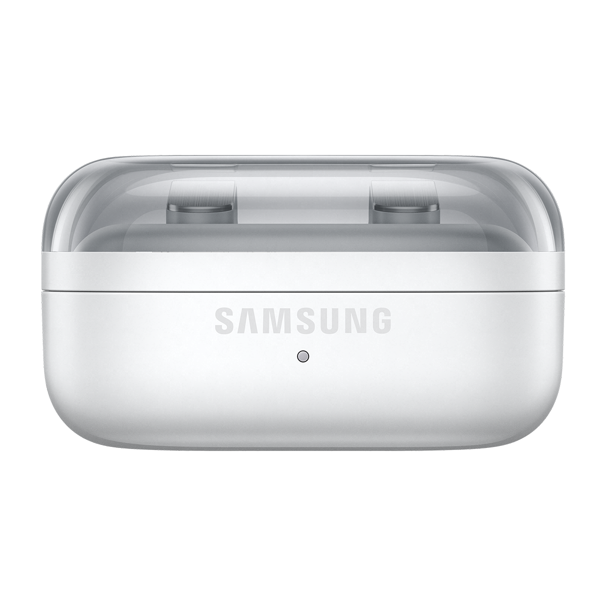 Şeffaf kapaklı ve kulaklıklı kapalı beyaz Samsung şarj kutusu.