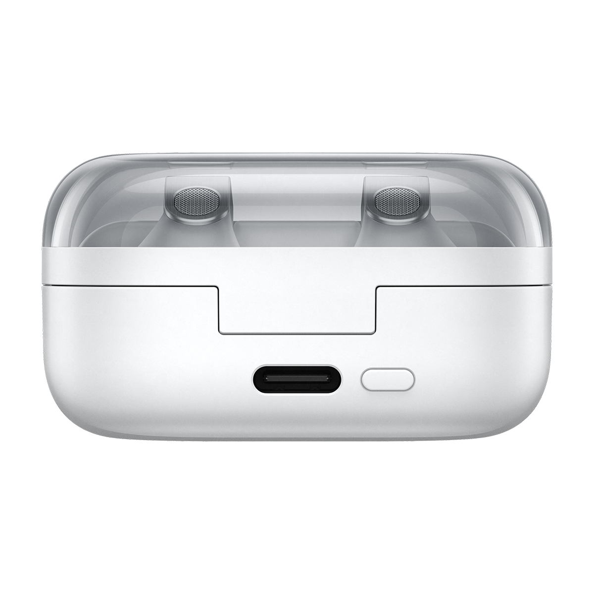 Şeffaf kapaklı ve USB-C bağlantı noktalı beyaz kulaklık şarj kutusu.