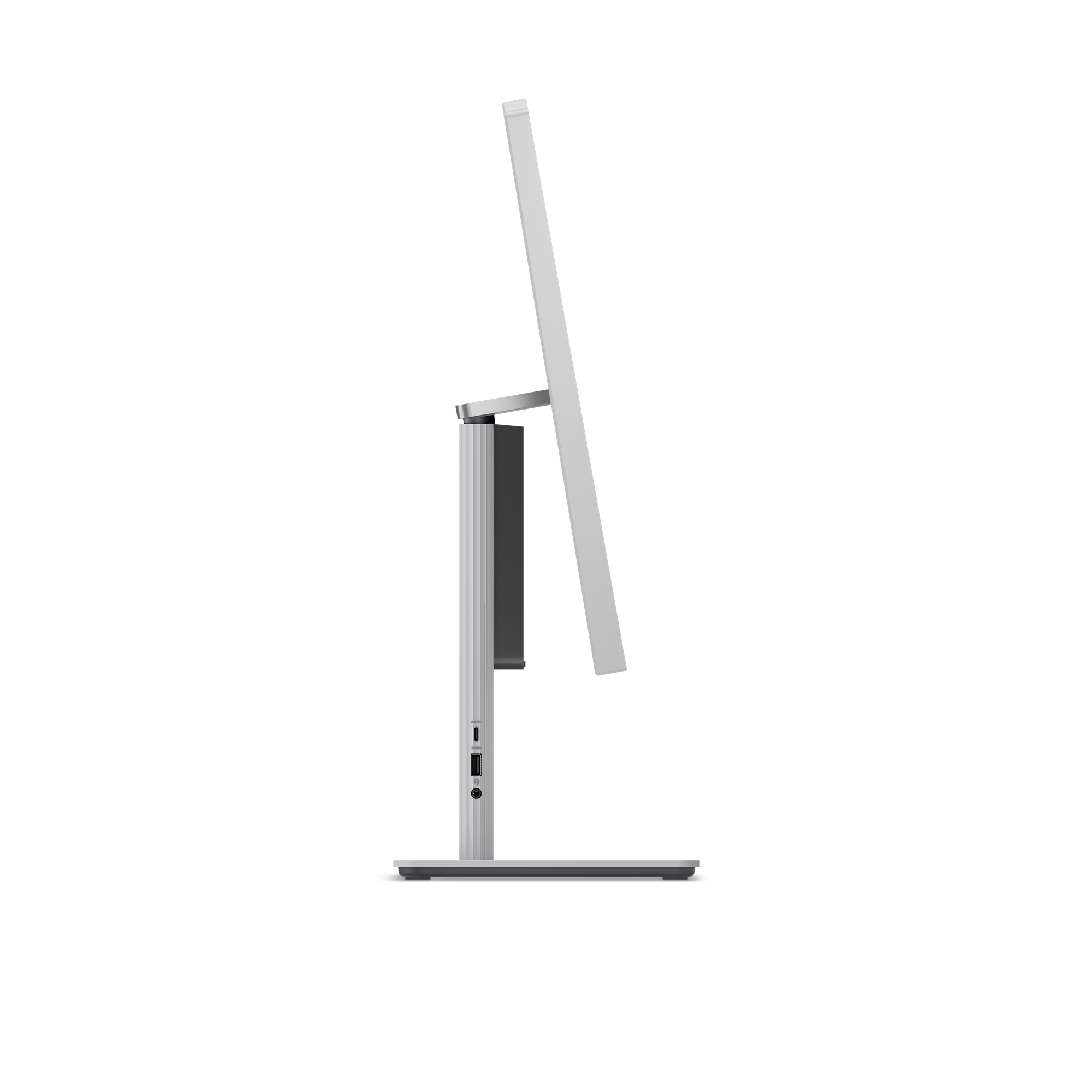Zilveren computermonitor met standaard en poorten.