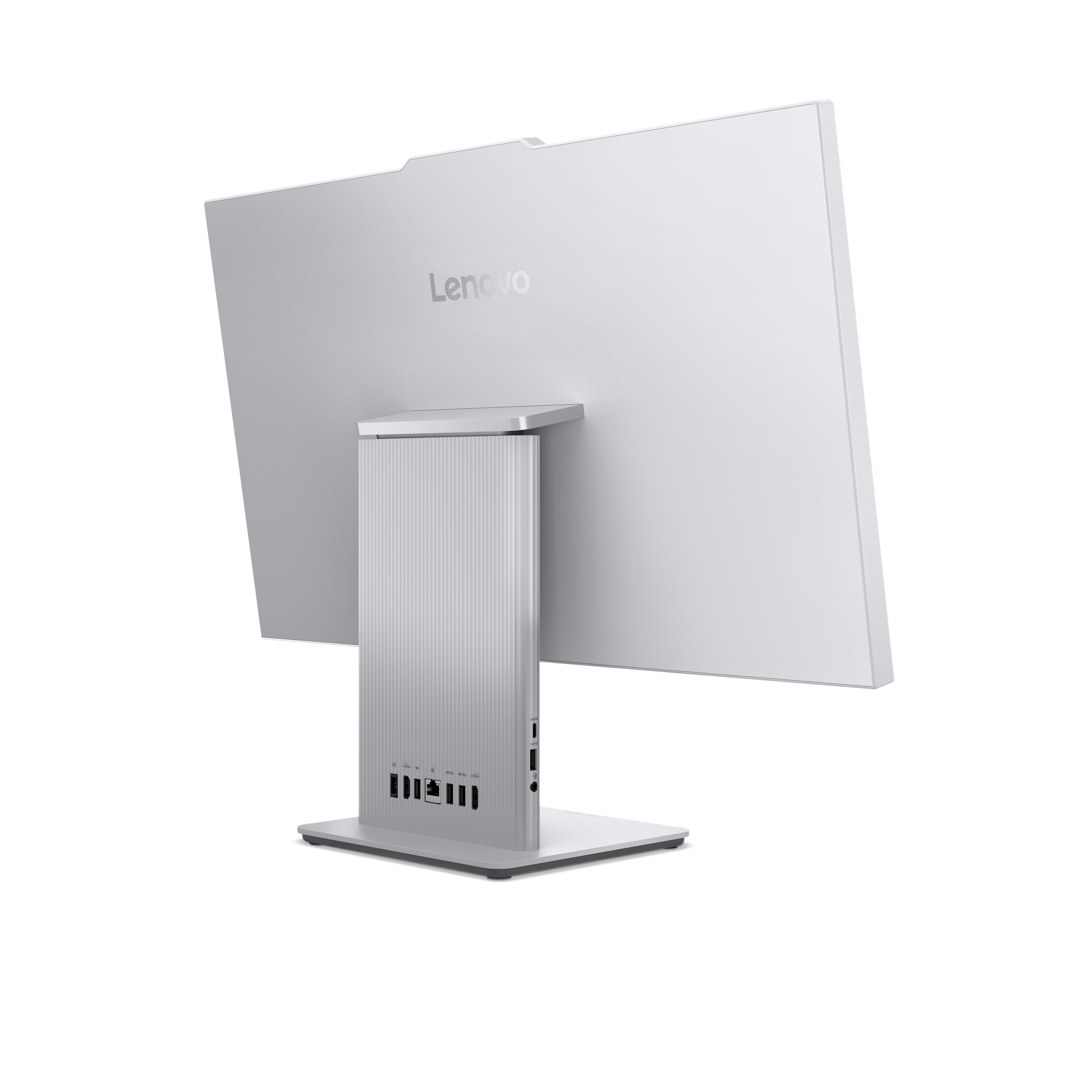 Achterkant van een zilveren all-in-one computer met Lenovo-logo.