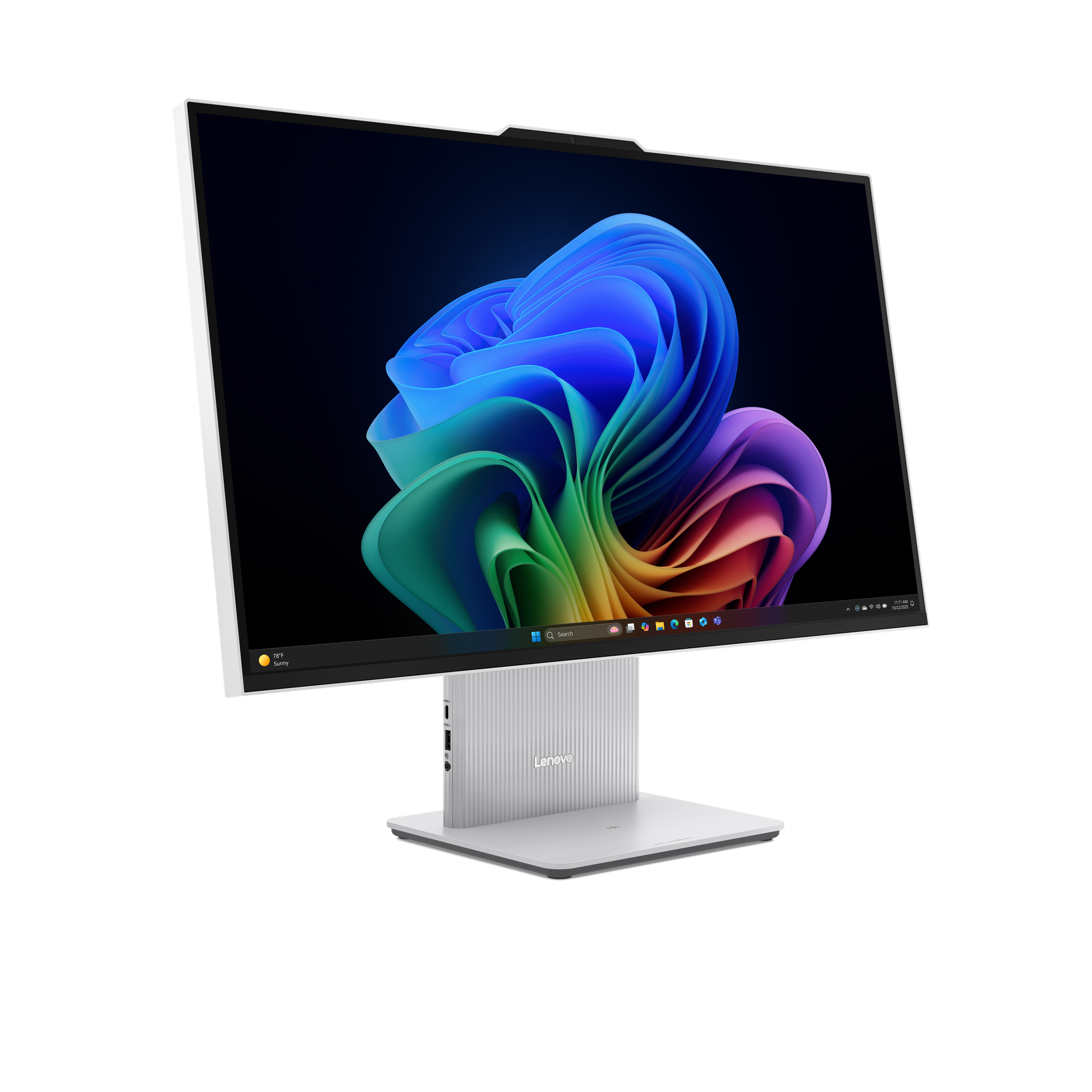 Een witte All-in-One PC met een abstracte, kleurrijke achtergrond op het scherm.