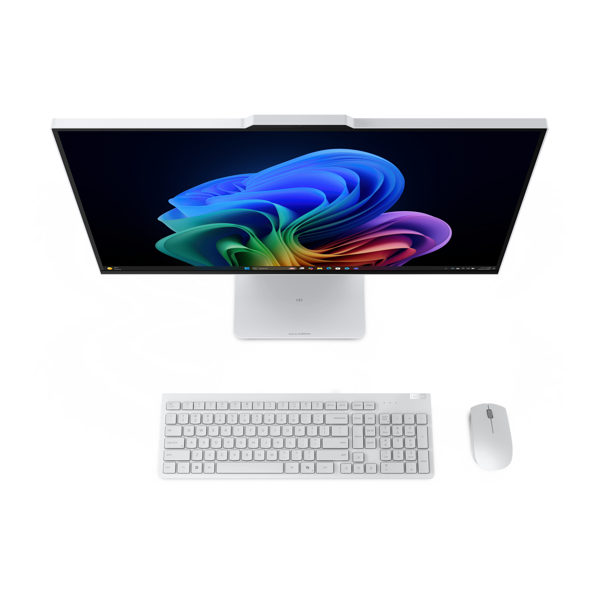Een witte Lenovo all-in-one computer met kleurrijke achtergrond en wit toetsenbord en muis.