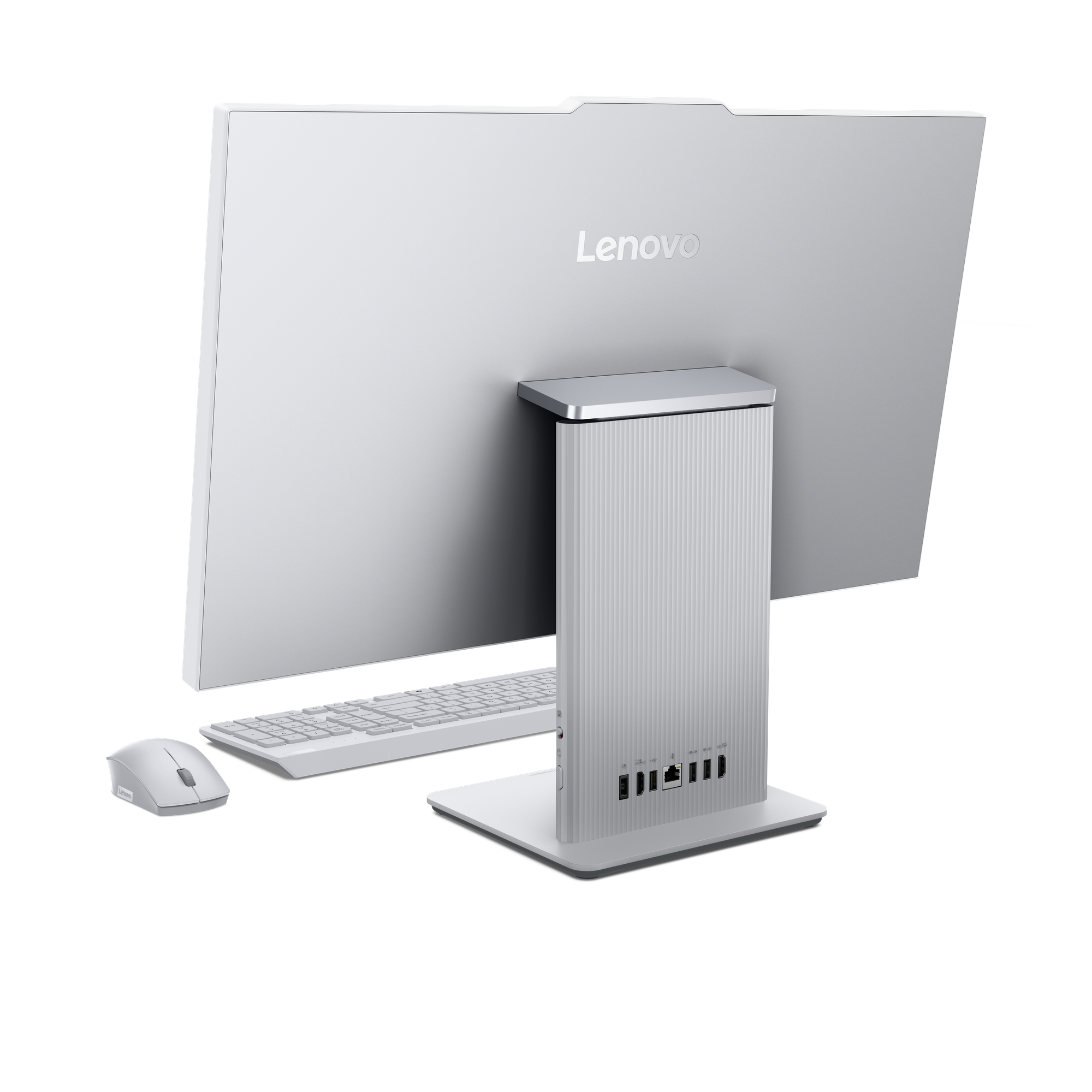 Een witte Lenovo all-in-one computer met toetsenbord en muis.