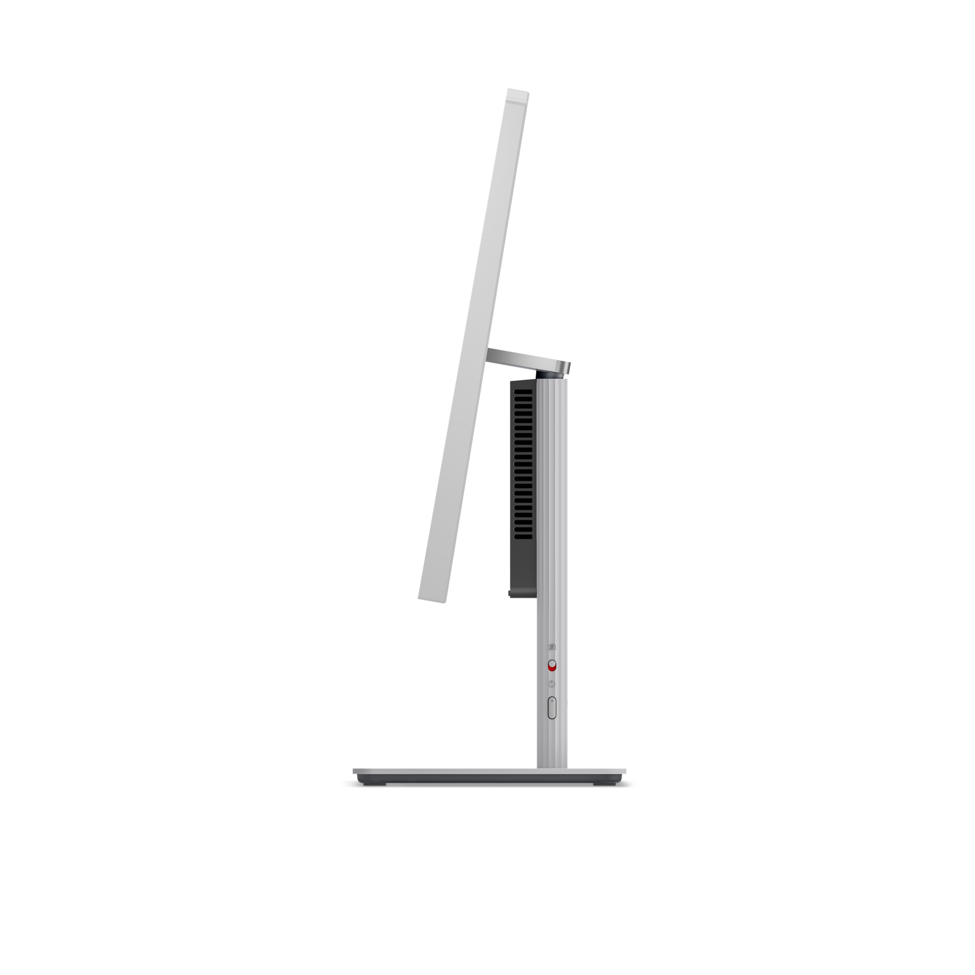 Een slanke, zilverkleurige all-in-one computer met dun scherm en verticale behuizing.