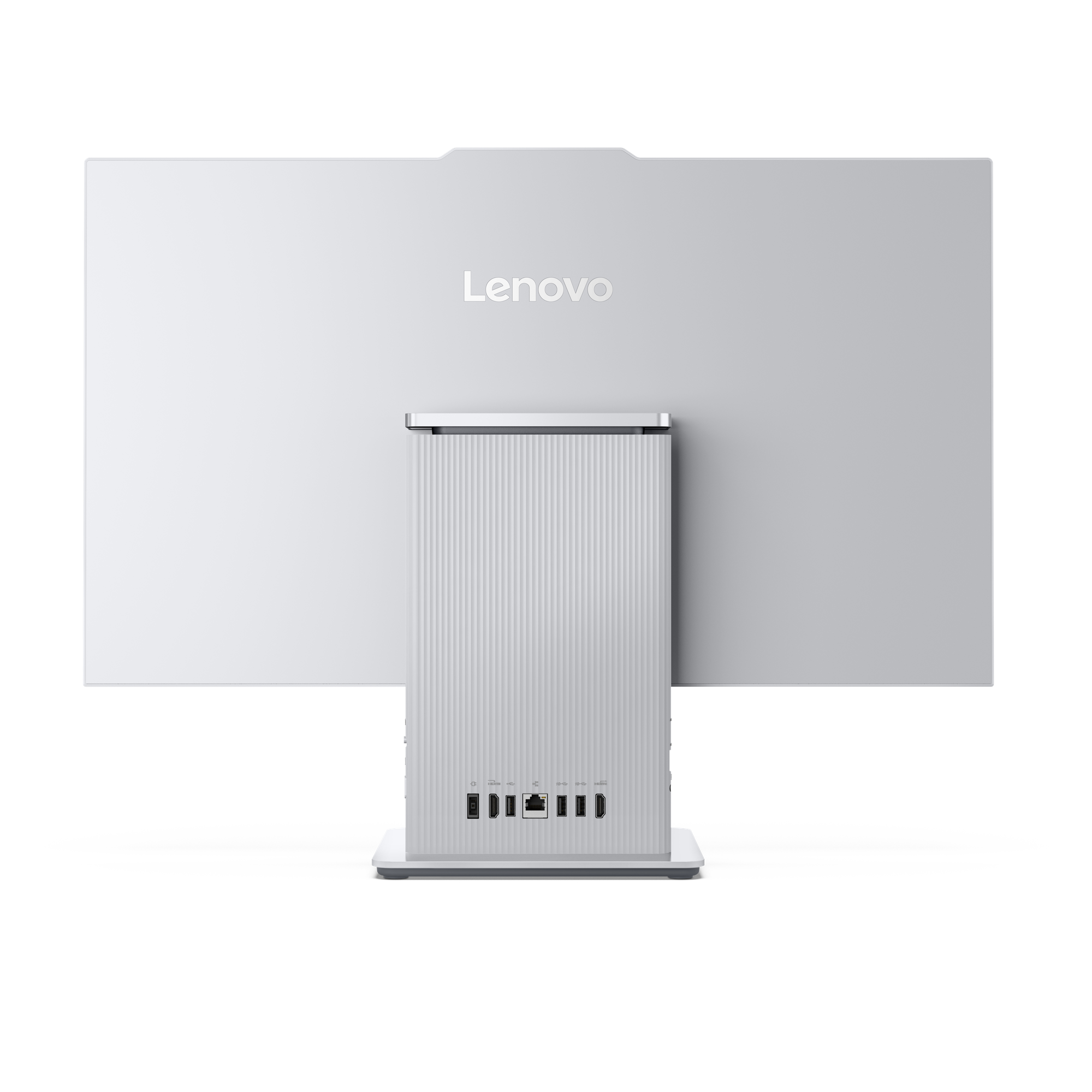 Achterkant van een witte Lenovo all-in-one computer met poorten.
