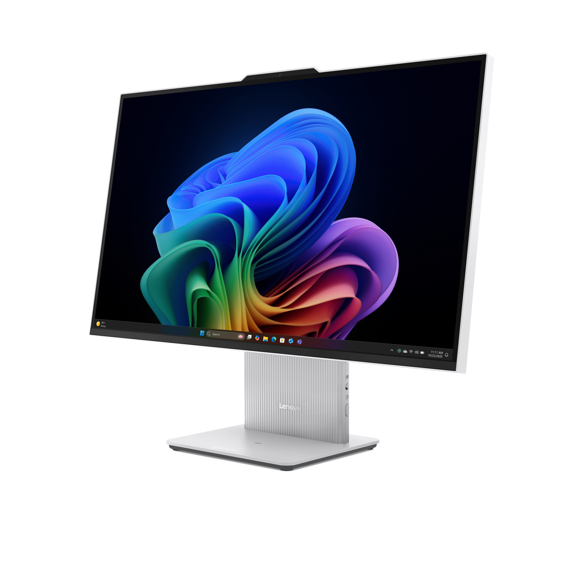 Moderne alles-in-één pc met witte standaard en kleurrijke achtergrond.