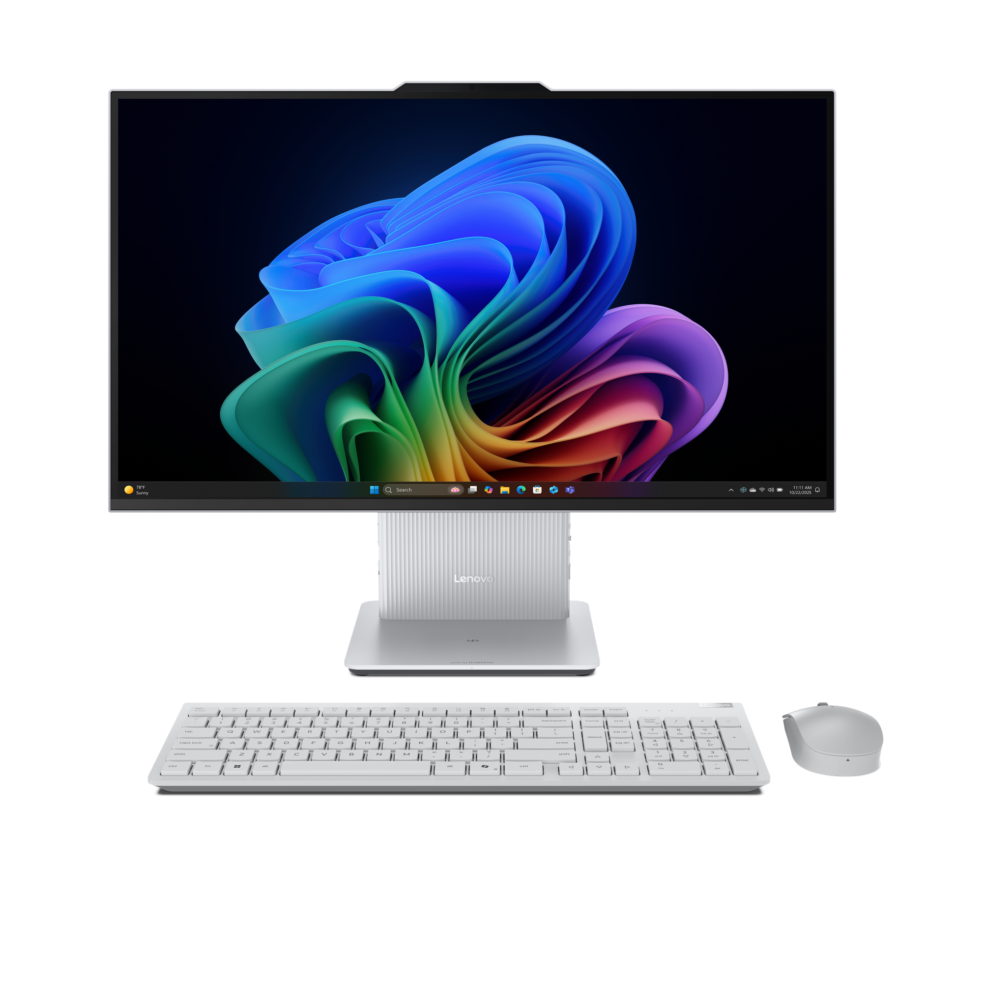 Een witte Lenovo computer met een kleurige abstracte achtergrondafbeelding.