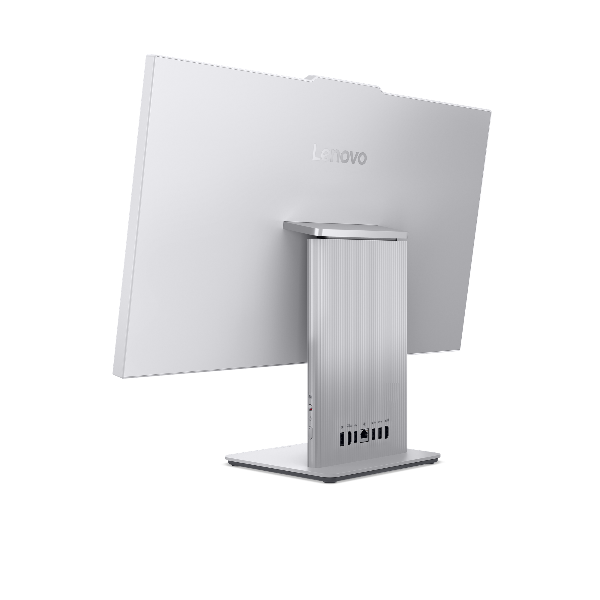 Achterkant van een zilveren Lenovo all-in-one computer met poorten.