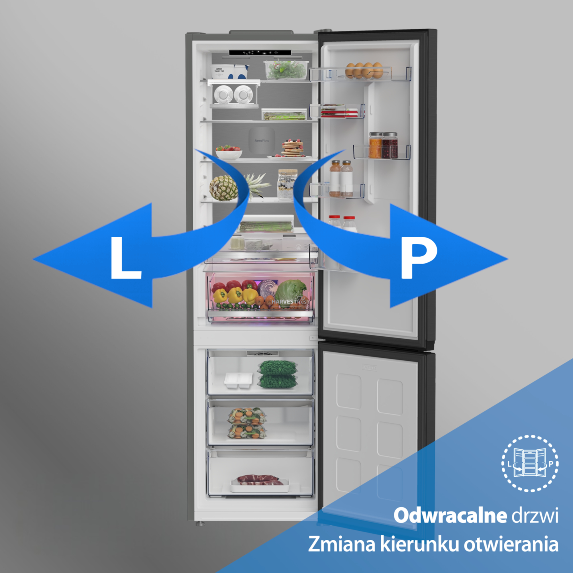 Otwarta lodówka z jedzeniem i strzałkami wskazującymi kierunek otwierania.
