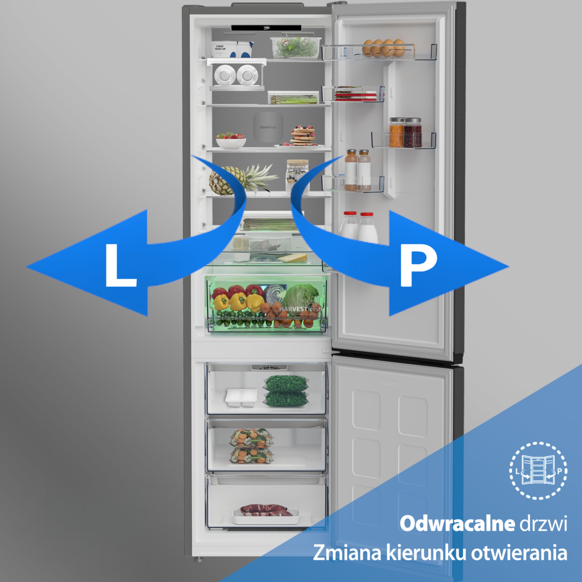 Otwarta lodówka z jedzeniem i strzałkami wskazującymi kierunek otwierania.