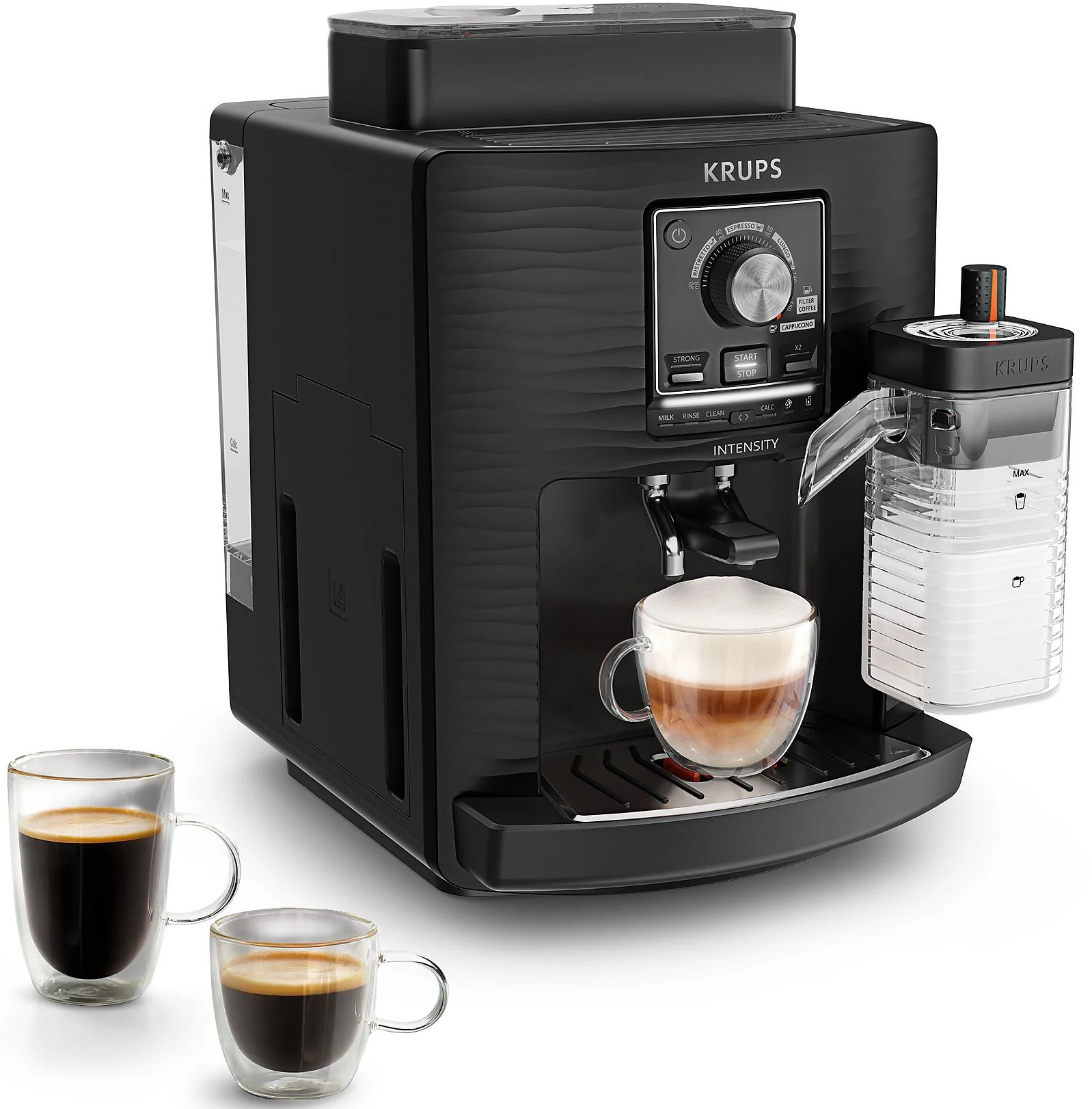 Macchina da caffè Krups nera con due tazzine da espresso e una tazza da cappuccino.