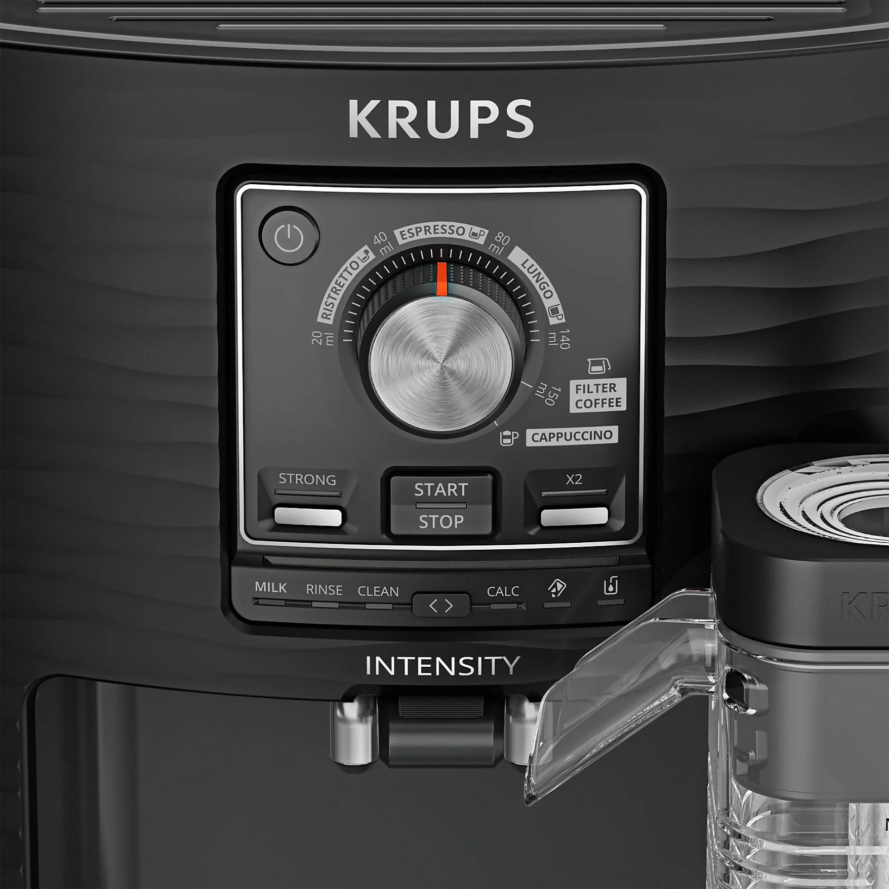 Macchina da caffè Krups nera con quadrante per intensità e volume caffè.