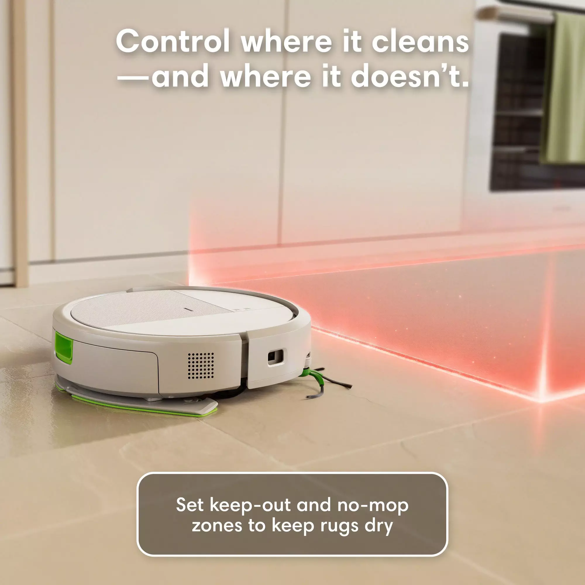 Un robot aspirateur blanc nettoie un sol clair; des faisceaux lumineux rouges définissent des zones.