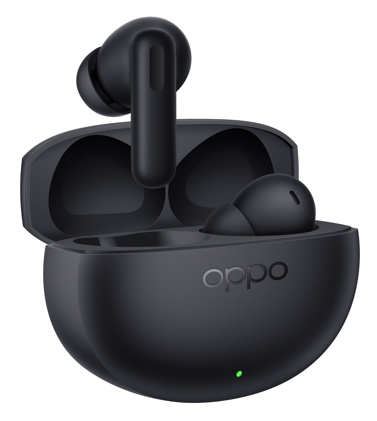 Czarne słuchawki Oppo w otwartym etui ładującym z zieloną diodą LED.