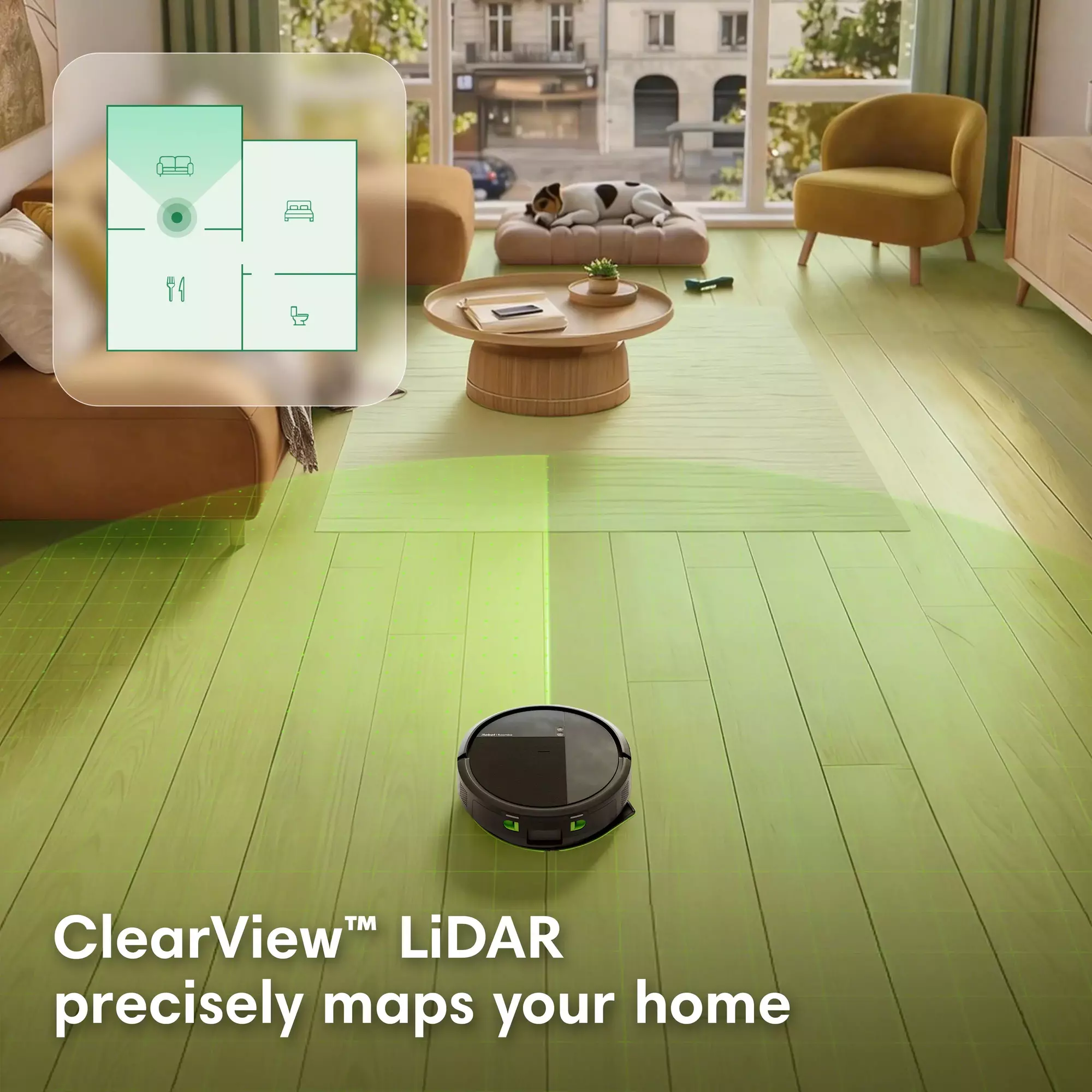 Un robot aspirateur cartographie un plancher en bois vert clair. Une vue du plan d'étage est visible à gauche.