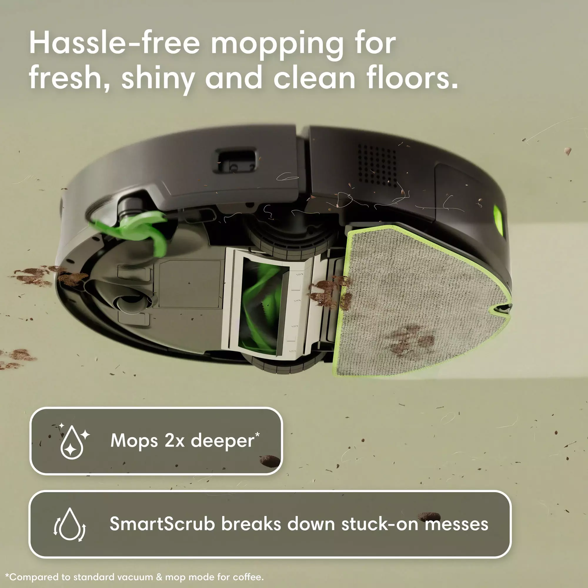 Un robot aspirateur noir avec une serpillière sur un sol beige clair, nettoyant la saleté.