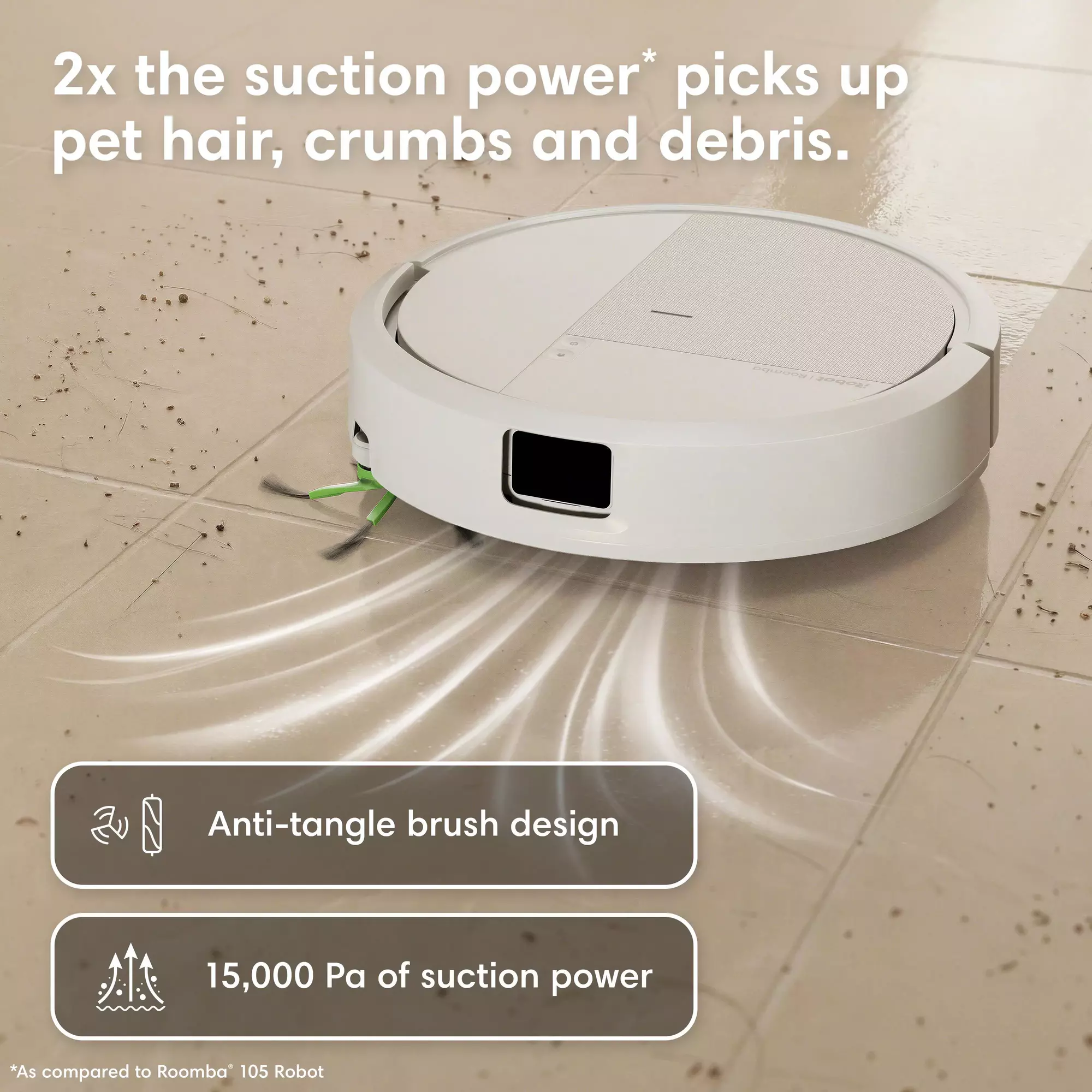 Un aspirateur robot blanc nettoie un sol sale avec 15 000 Pa de puissance.