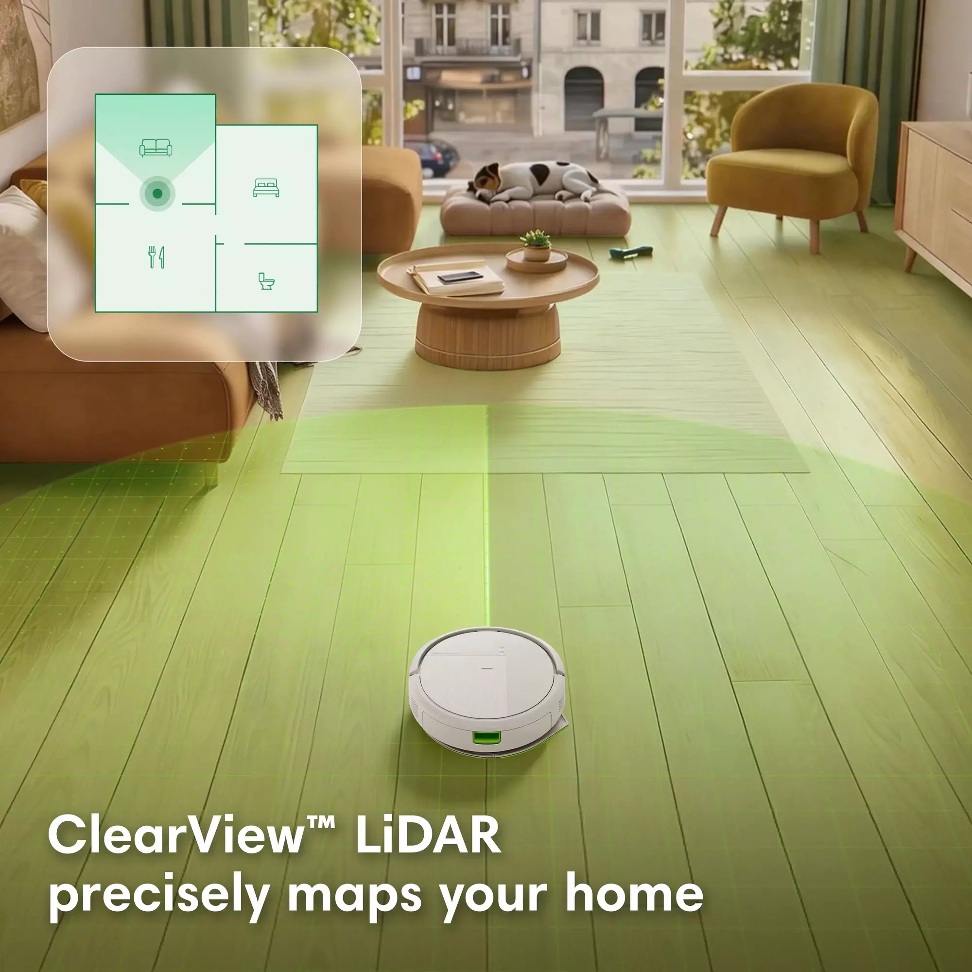 Un robot aspirateur cartographie un salon avec LiDAR. Un chien dort sur un coussin.