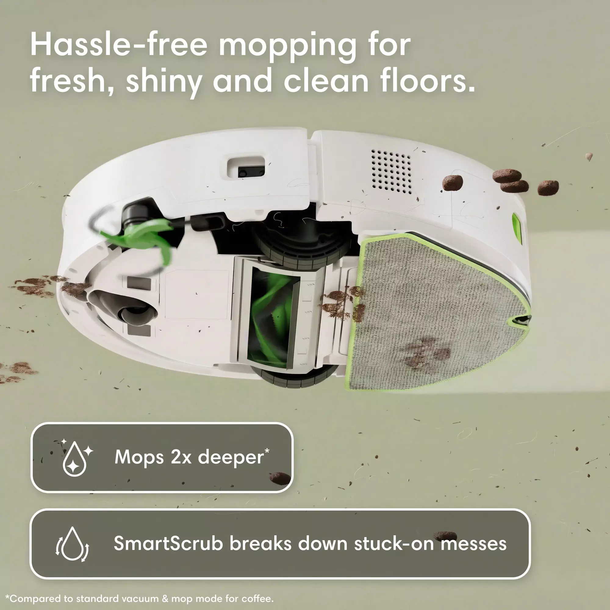 Un aspirateur robot blanc aux accents verts nettoie un sol sale.