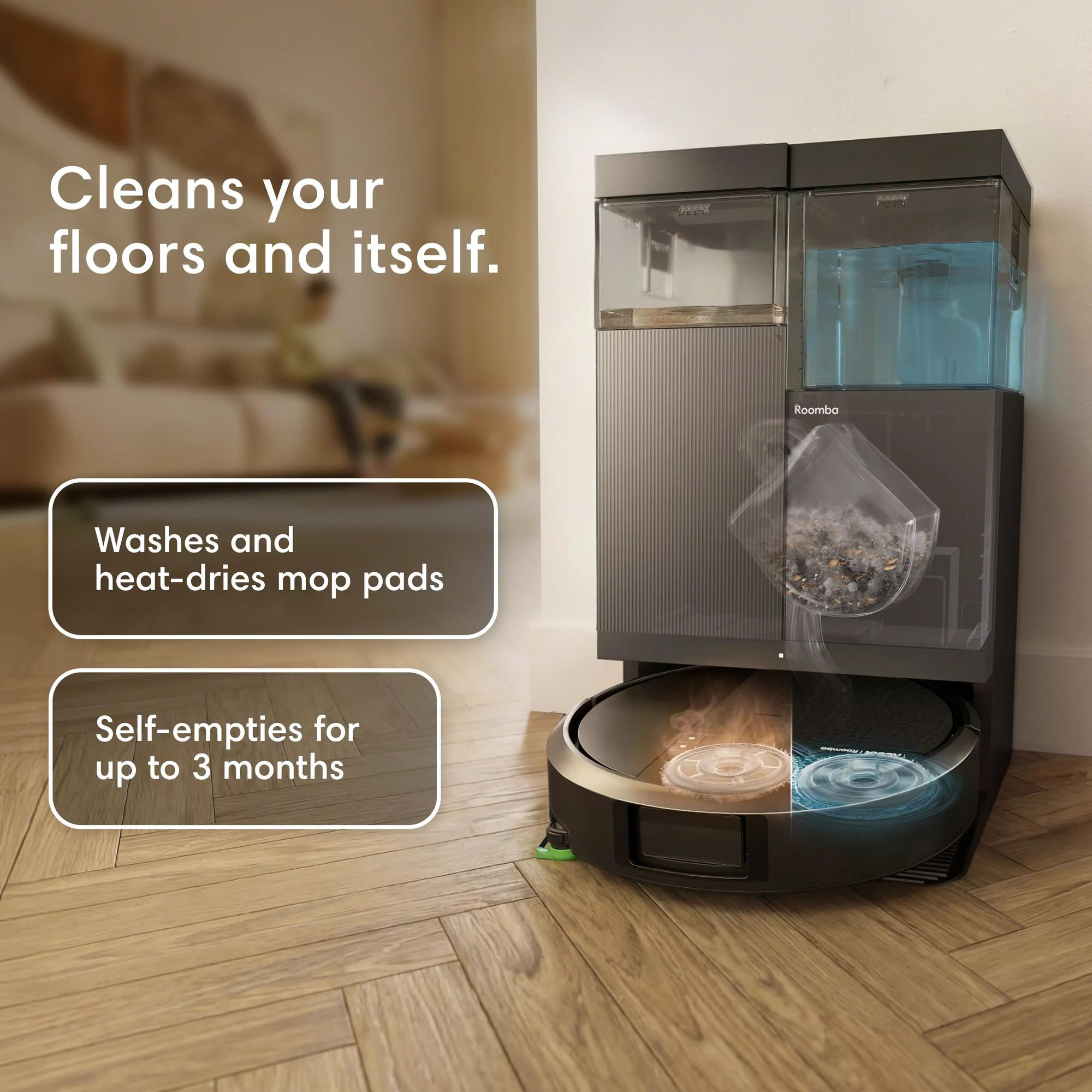 Un robot aspirateur avec une station qui lave et sèche les serpillières.
