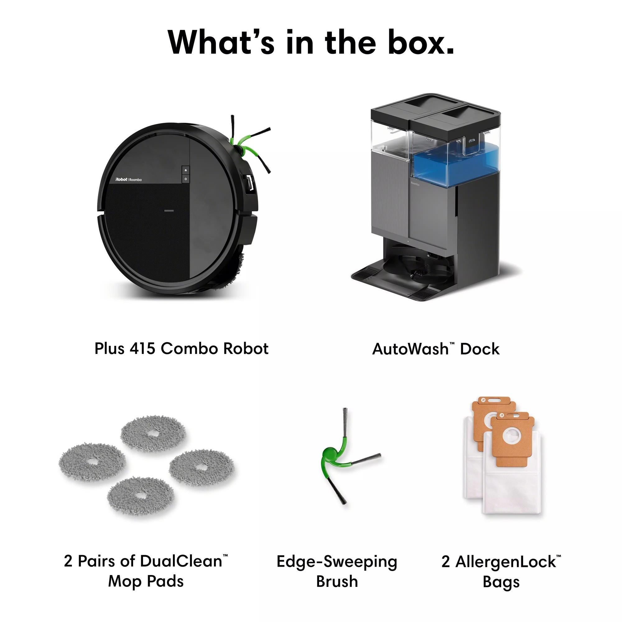 Un robot, une station, des tampons, une brosse et des sacs.