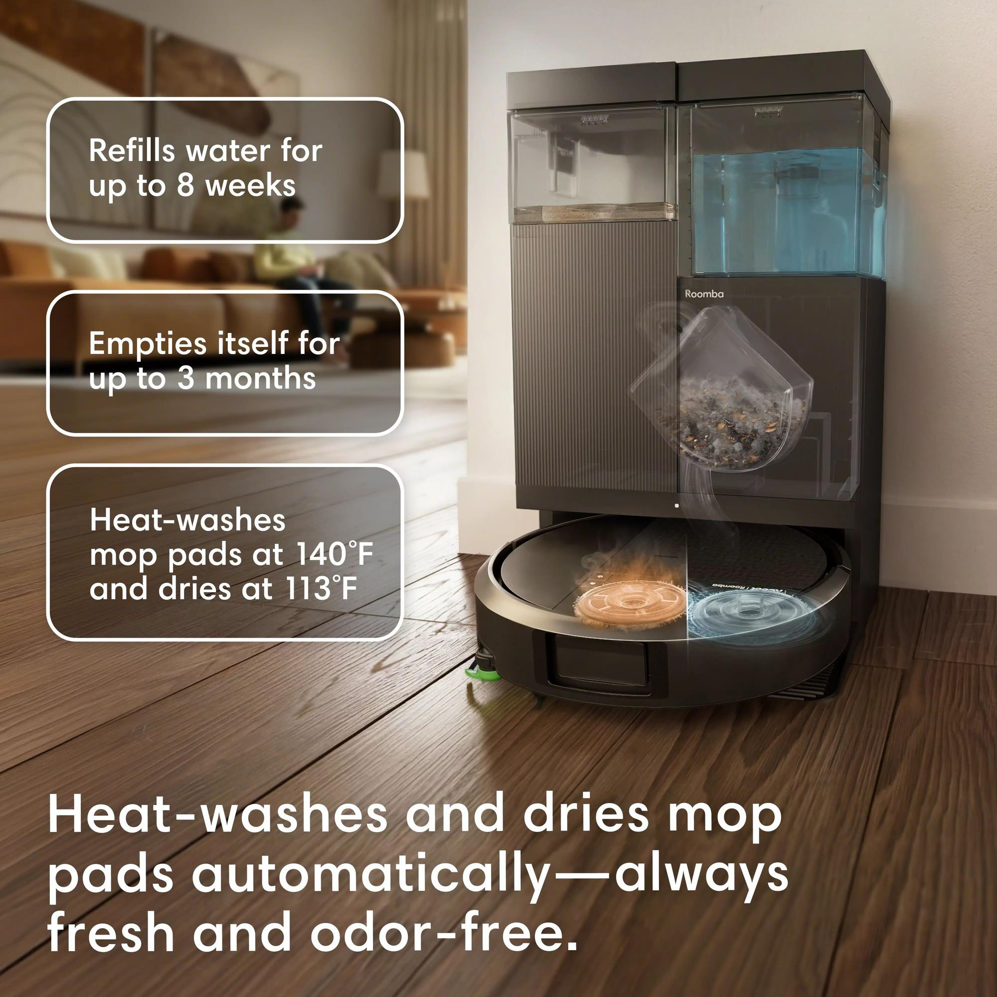 Un robot aspirateur avec une station de nettoyage qui remplit l'eau et vide la saleté.