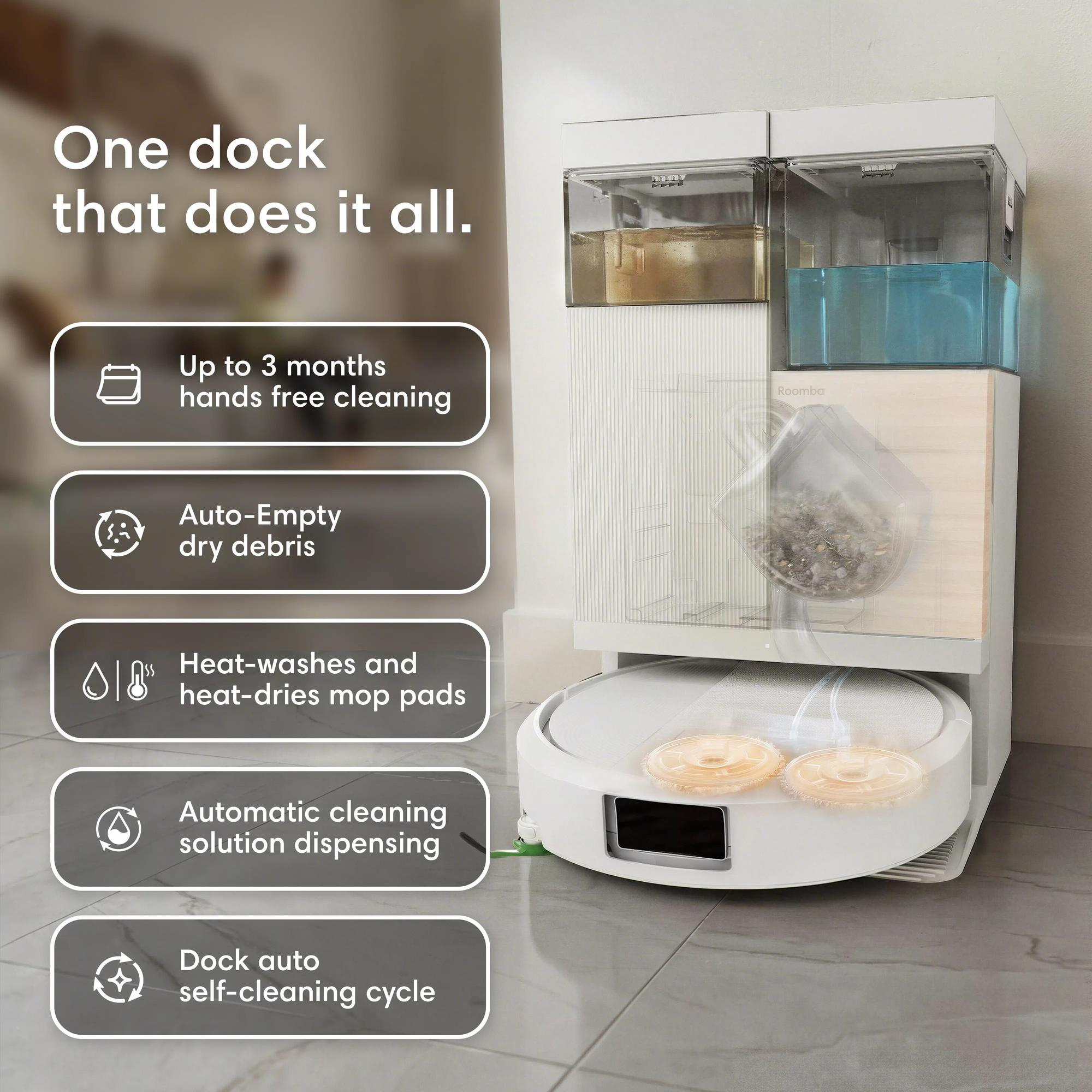 Una dock per robot aspirapolvere con serbatoi d'acqua e contenitore per lo sporco per pulizia automatica.