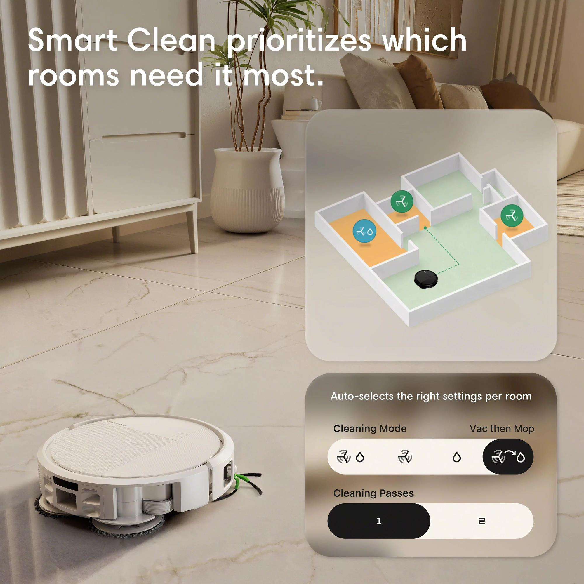 Un robot aspirapolvere bianco su pavimento di marmo accanto a un display UI.