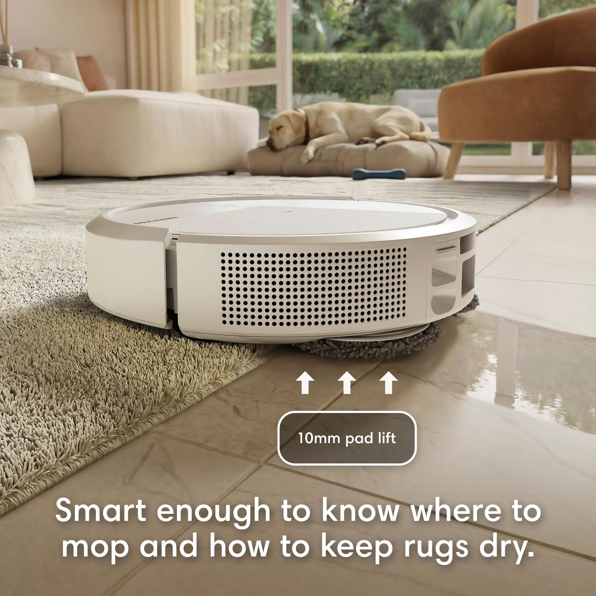 Un robot aspirapolvere bianco pulisce piastrelle e tappeto. Un cane dorme sullo sfondo.