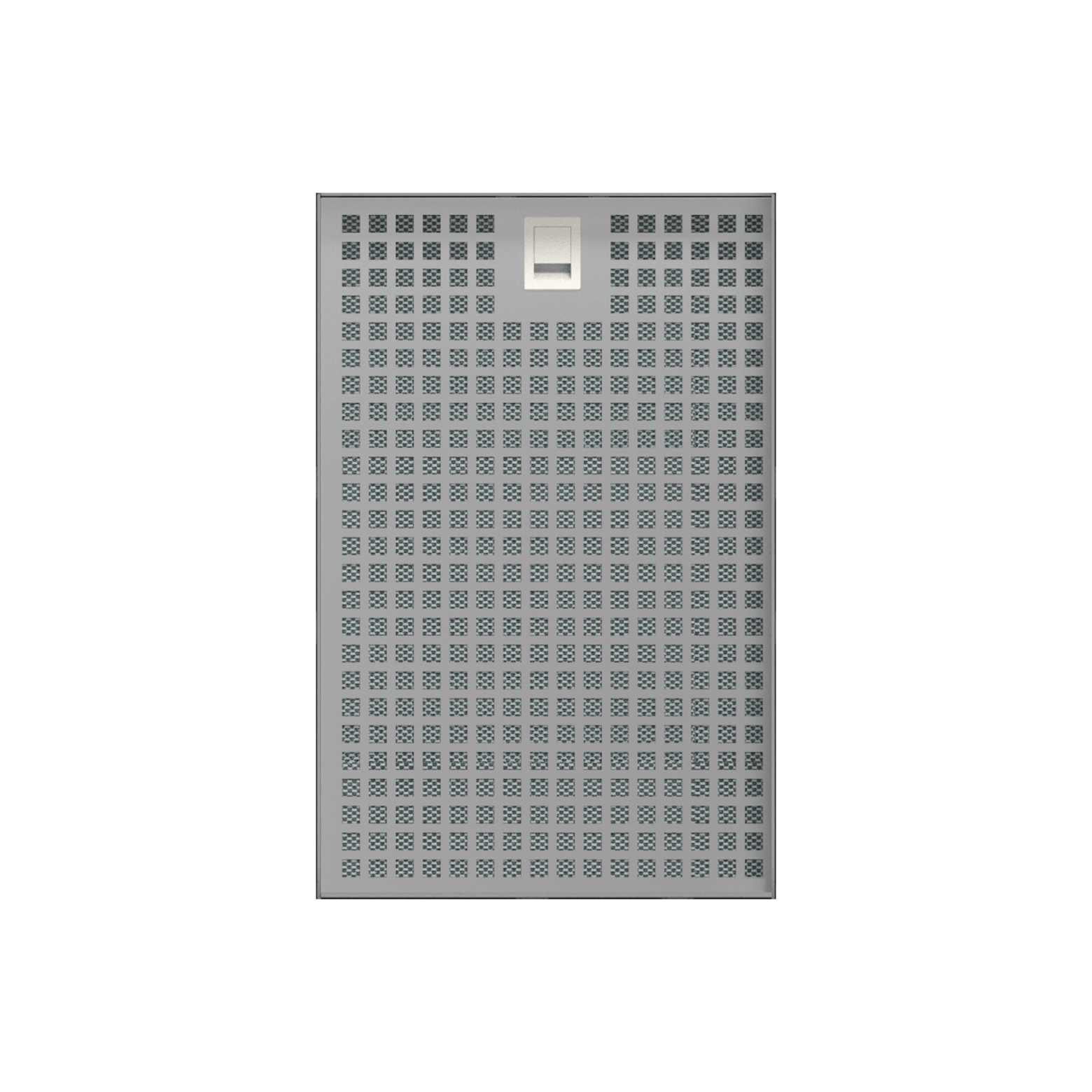 Un panel perforado gris con una luminaria rectangular blanca encima.