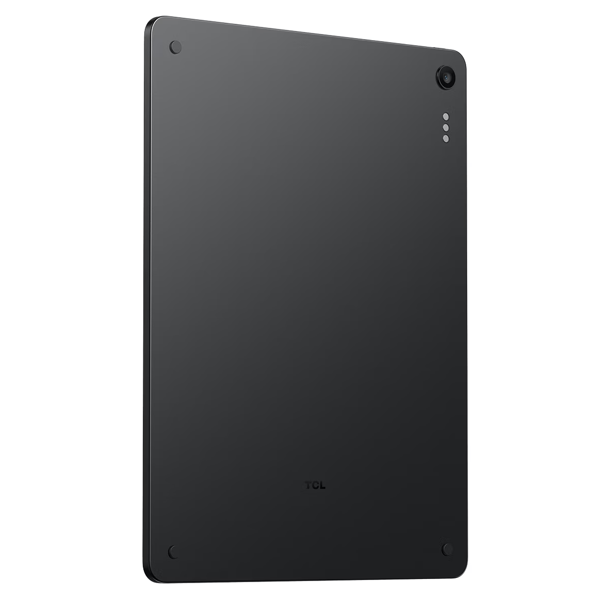 Reverso de una tableta negra con cámara y logo de TCL.