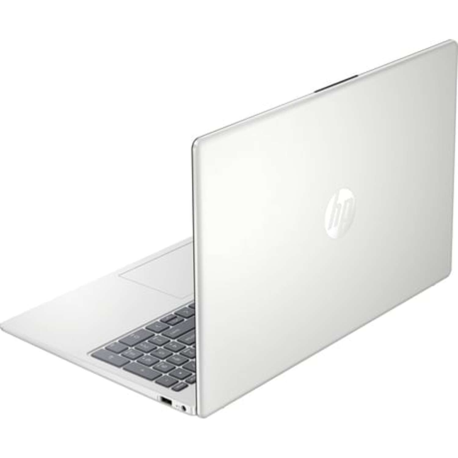 Un ordinateur portable HP blanc est ouvert, montrant le clavier et le pavé tactile.
