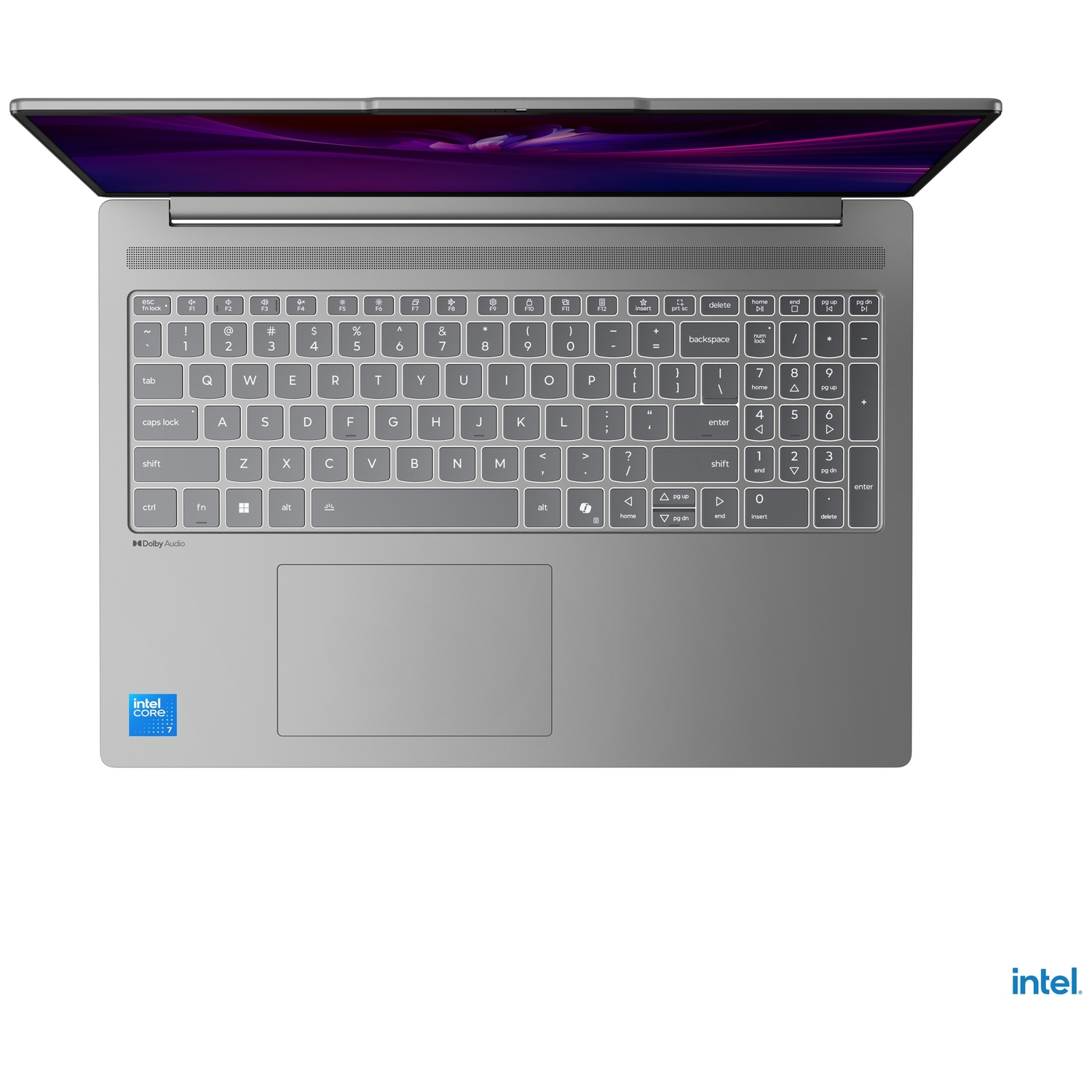 Un ordinateur portable argenté avec écran ouvert montrant un motif abstrait violet. Le clavier est visible.