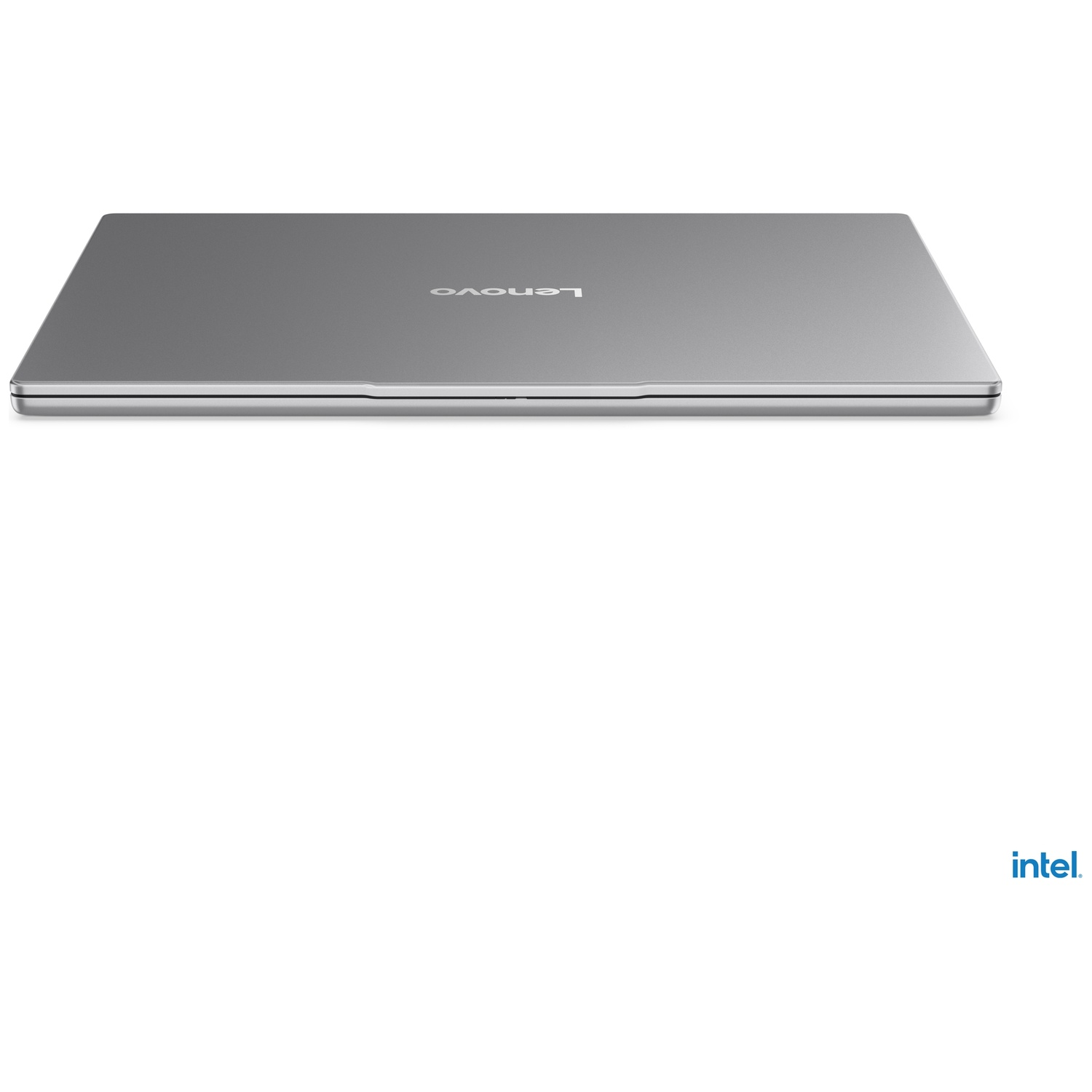 Ordinateur portable Lenovo gris avec logo Intel sur fond blanc.