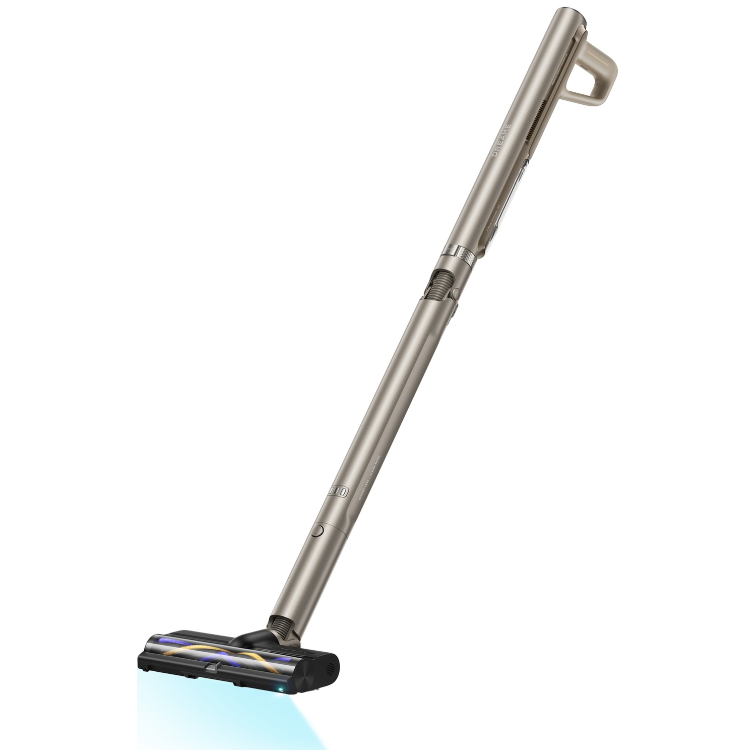 Een slanke, metaalgouden steelstofzuiger met een borstelkop die blauw licht uitstraalt.