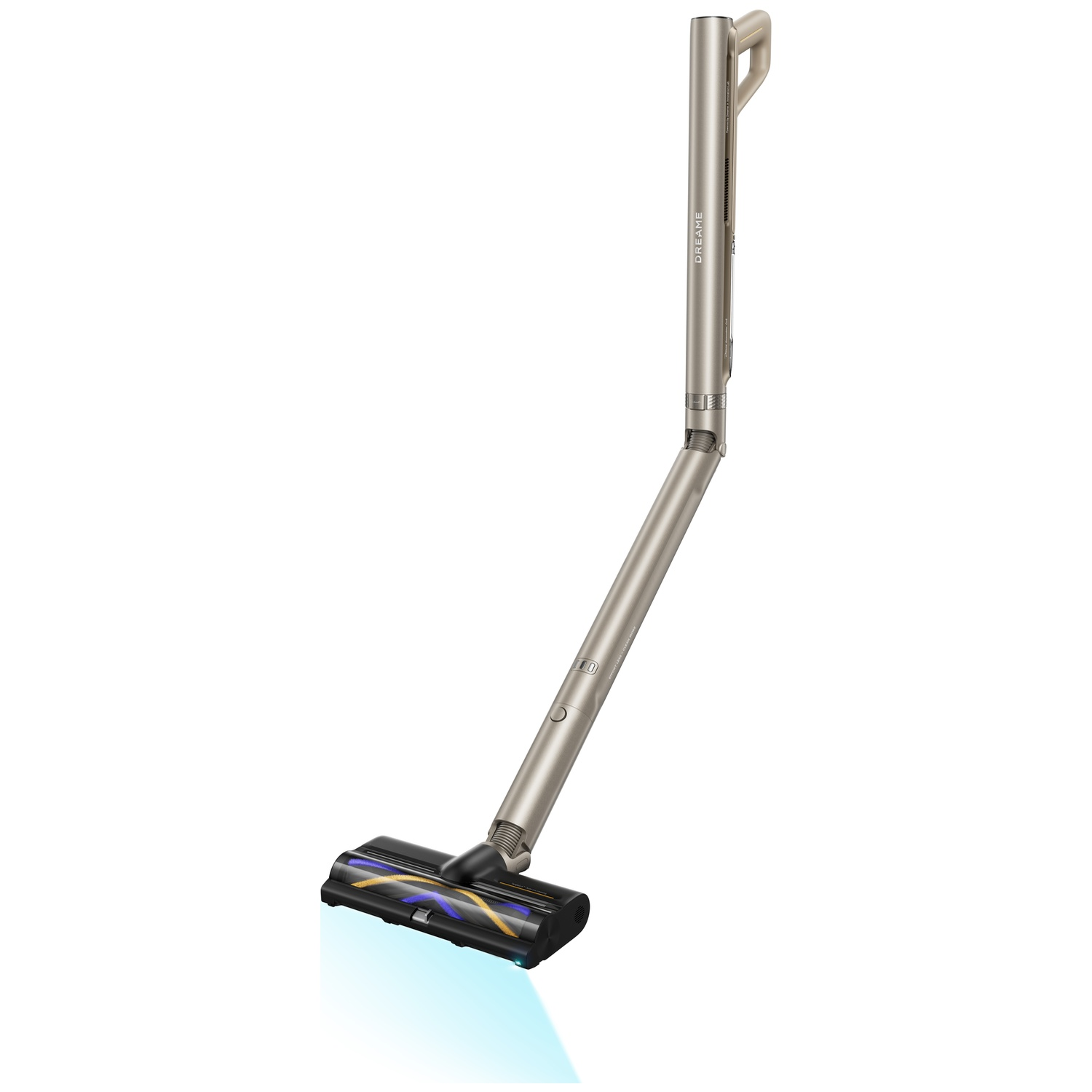 Een zilveren steelstofzuiger met blauw verlichte borstelkop op witte achtergrond.