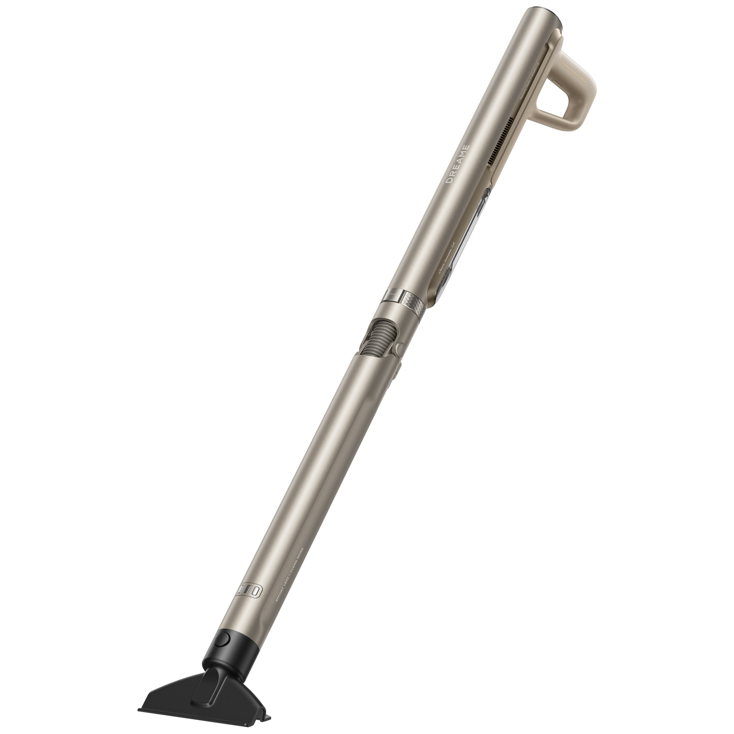 Een slanke, zilveren steelstofzuiger met een zwart mondstuk en handvat.