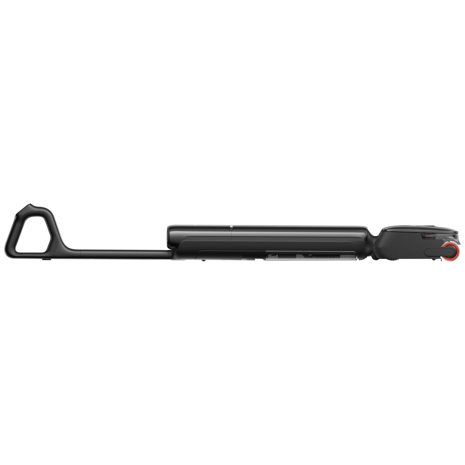 Black electronic device with a handle and a red ring at one end.