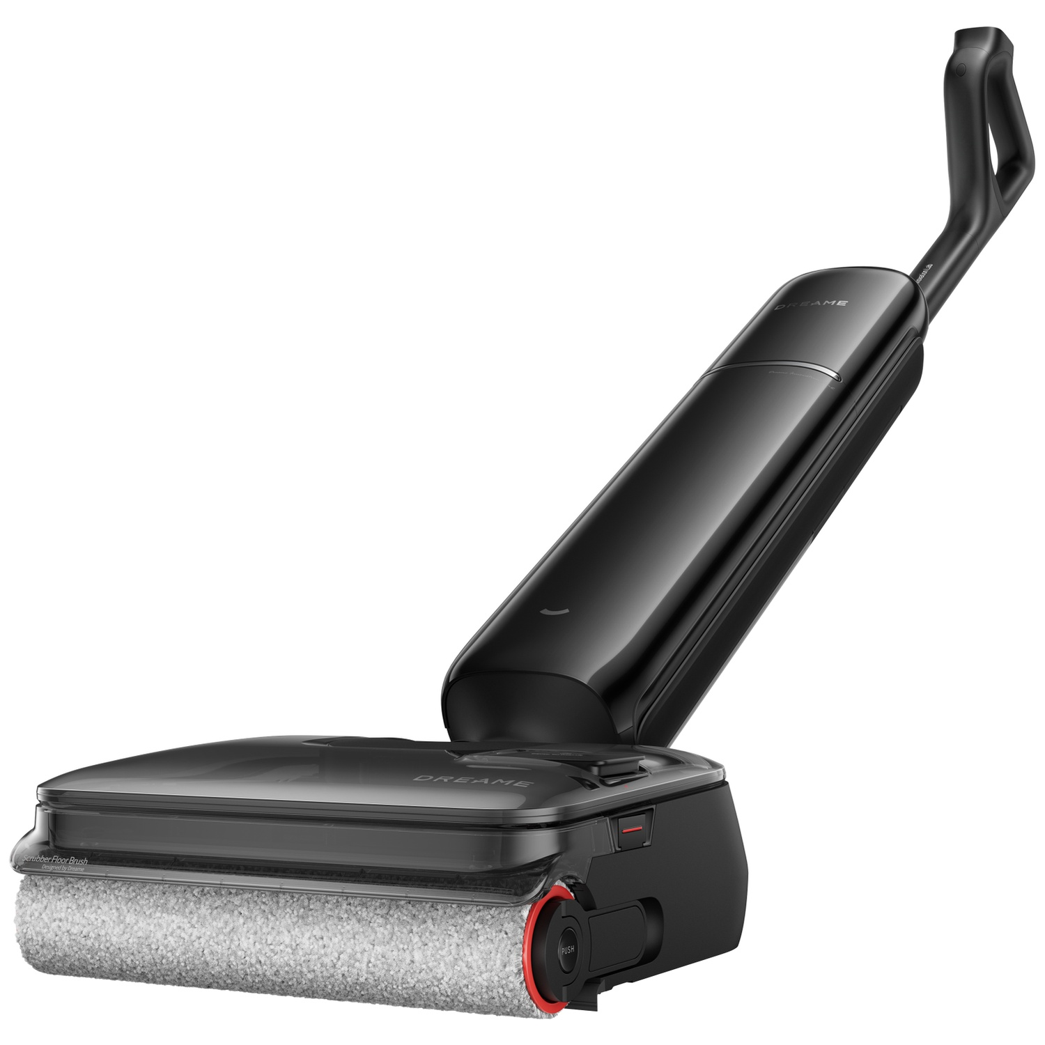 A black floor cleaner with a brush roll and handle on a white background.